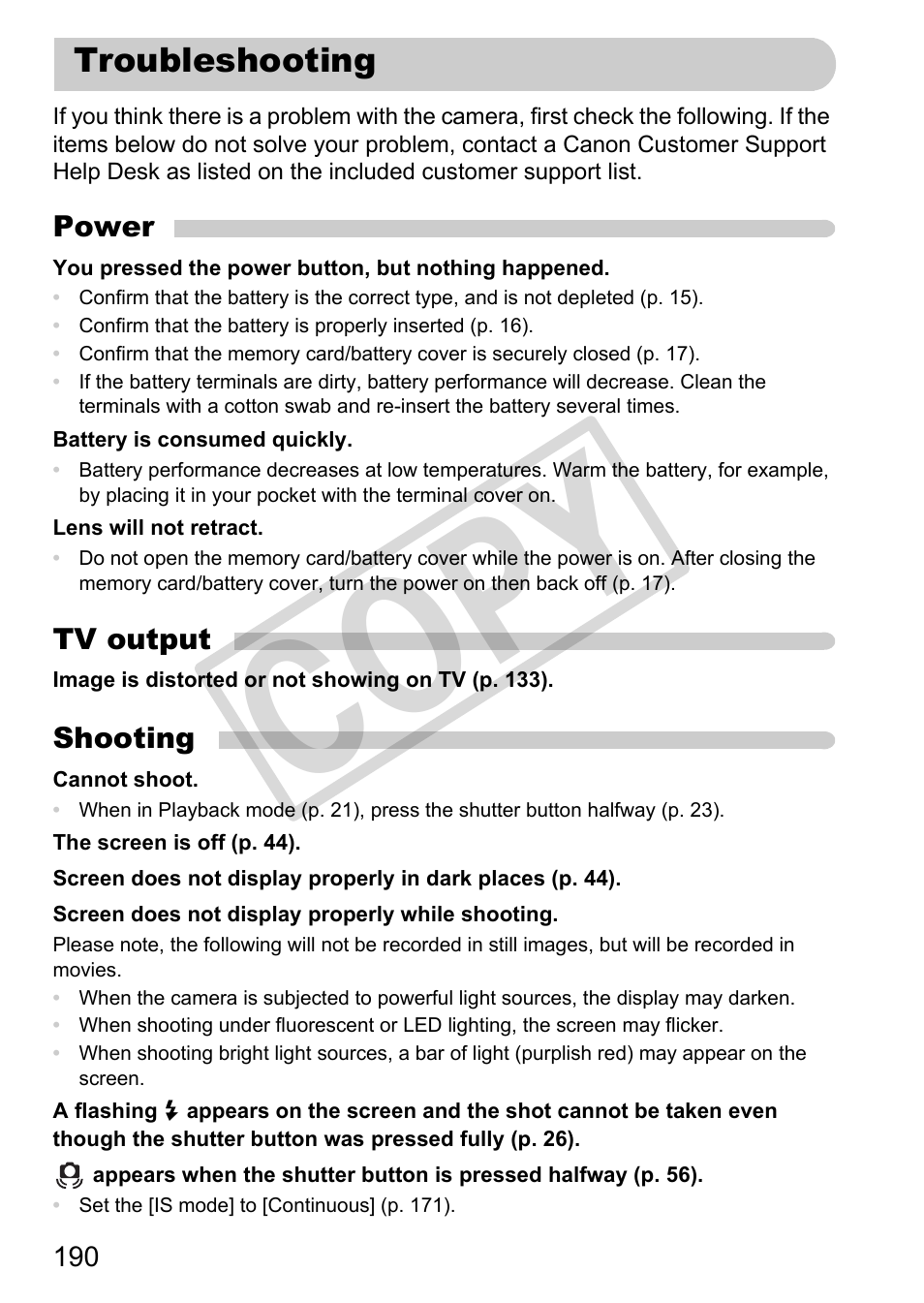 Troubleshooting, Cop y | Canon PowerShot G12 User Manual | Page 190 / 214