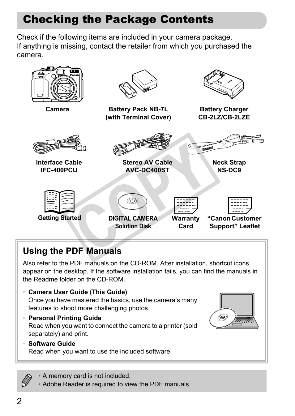 Cop y, Checking the package contents | Canon PowerShot G12 User Manual | Page 2 / 214