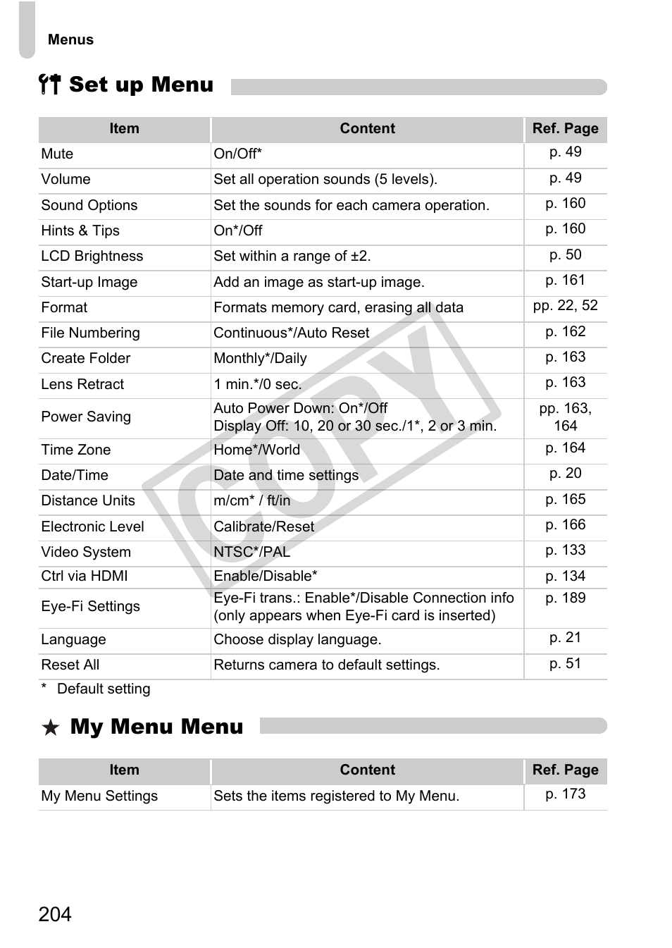 Cop y, 3 set up menu my menu menu | Canon PowerShot G12 User Manual | Page 204 / 214