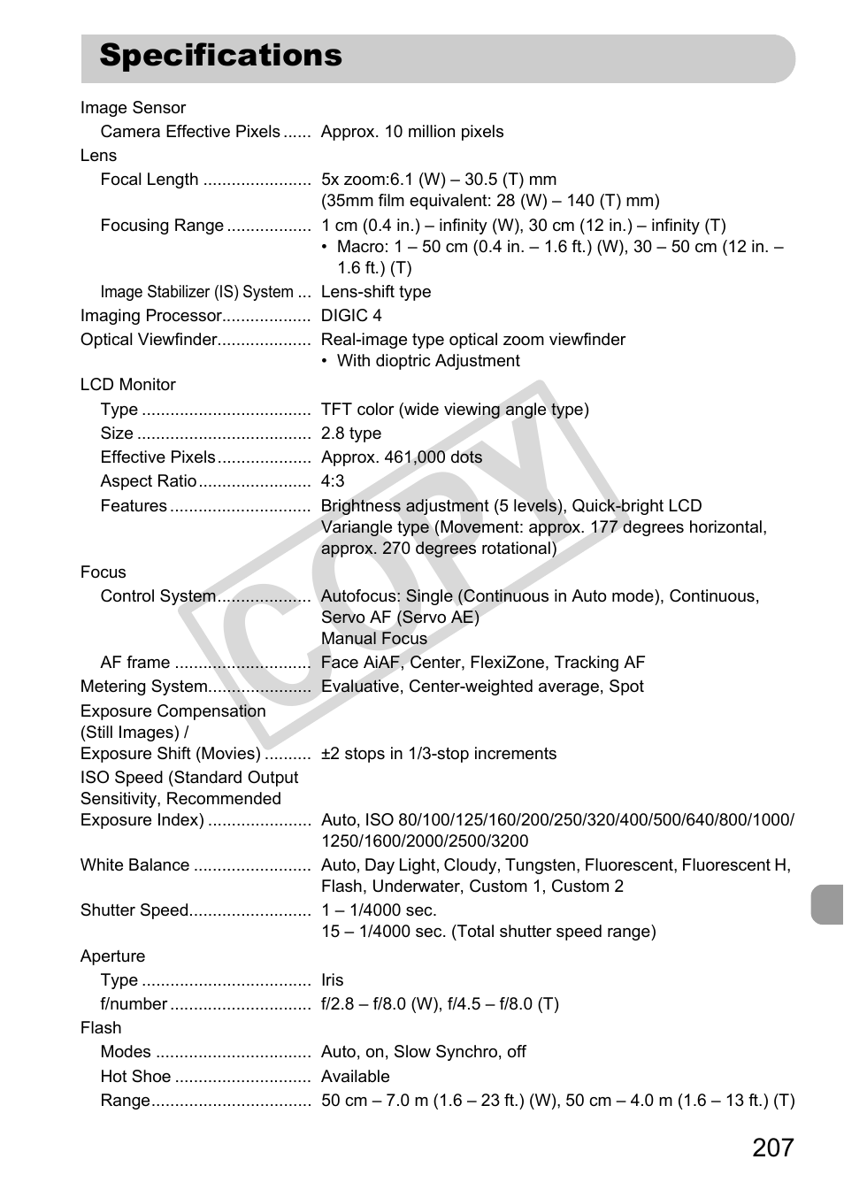 Specifications, Cop y | Canon PowerShot G12 User Manual | Page 207 / 214