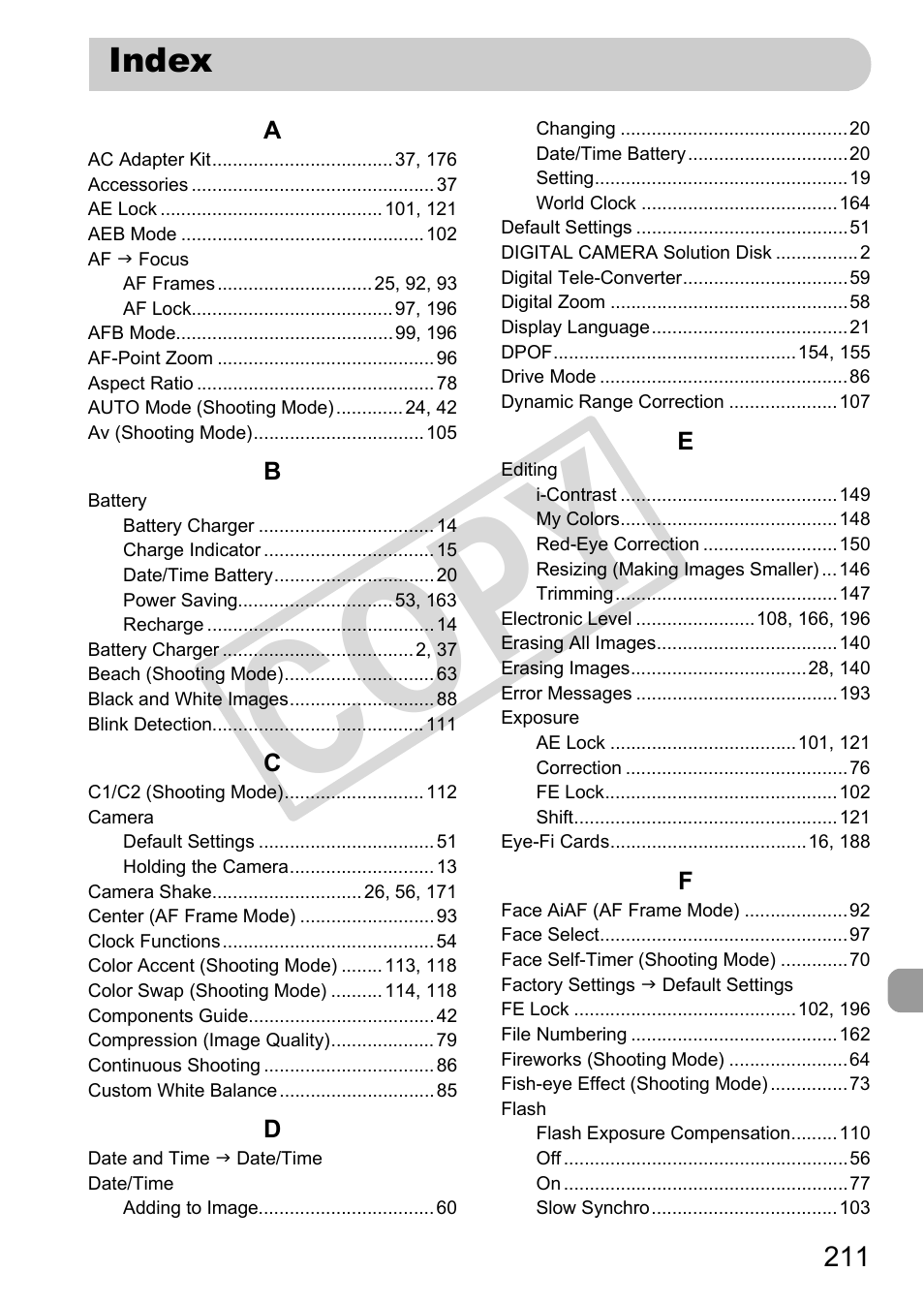 Index, C op y | Canon PowerShot G12 User Manual | Page 211 / 214