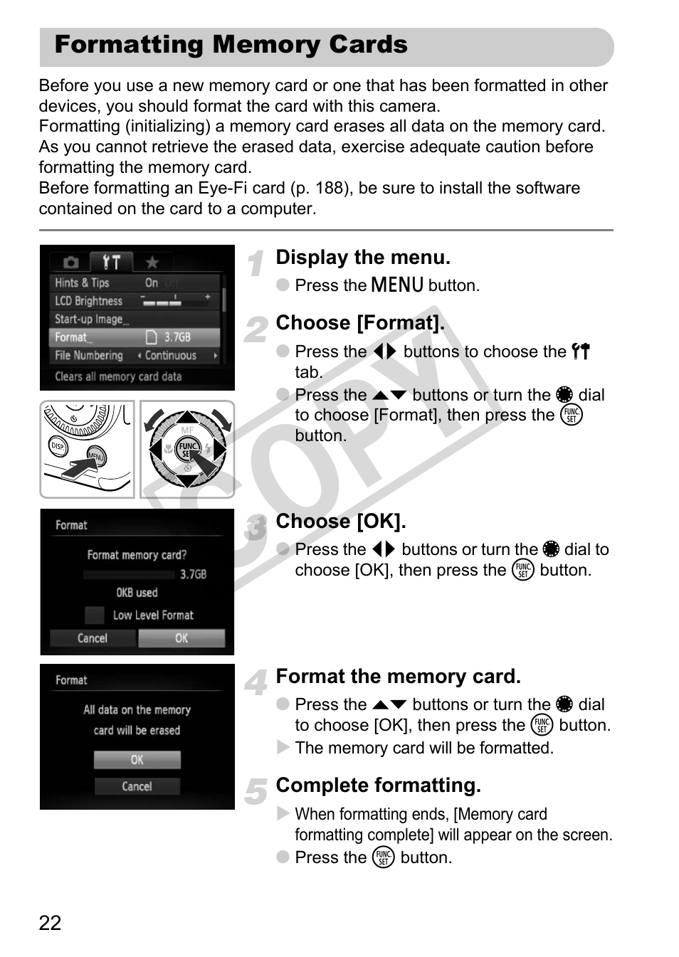 Formatting memory cards, Cop y | Canon PowerShot G12 User Manual | Page 22 / 214