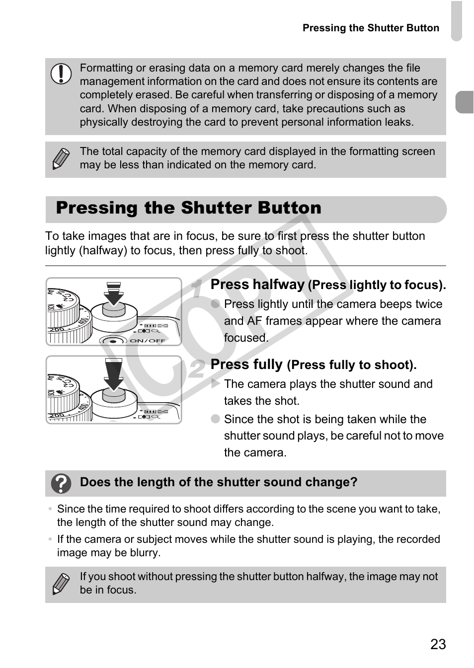 Pressing the shutter button, Cop y | Canon PowerShot G12 User Manual | Page 23 / 214