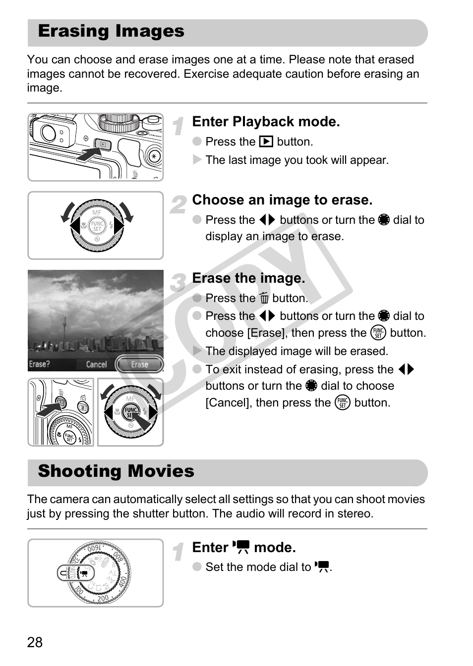 Erasing images shooting movies, Cop y | Canon PowerShot G12 User Manual | Page 28 / 214