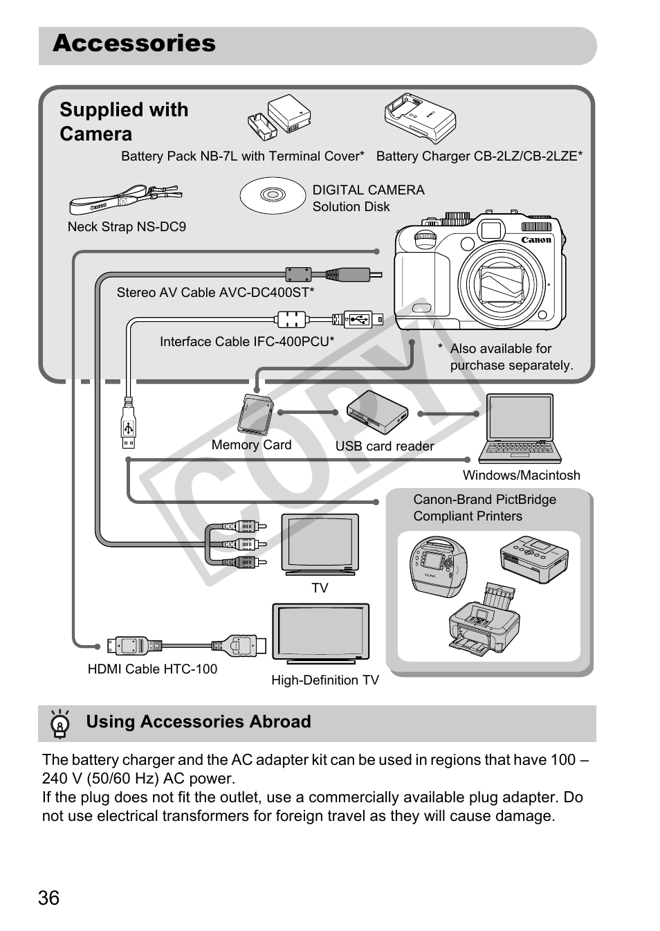 Accessories, Cop y | Canon PowerShot G12 User Manual | Page 36 / 214