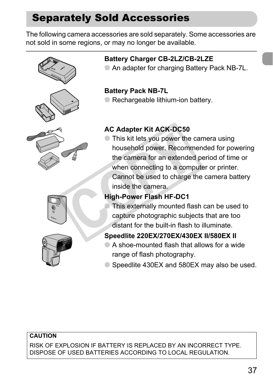 Separately sold accessories, Cop y | Canon PowerShot G12 User Manual | Page 37 / 214