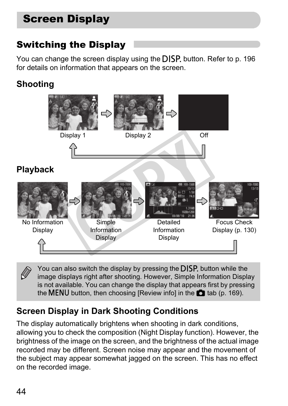 Screen display, Cop y | Canon PowerShot G12 User Manual | Page 44 / 214