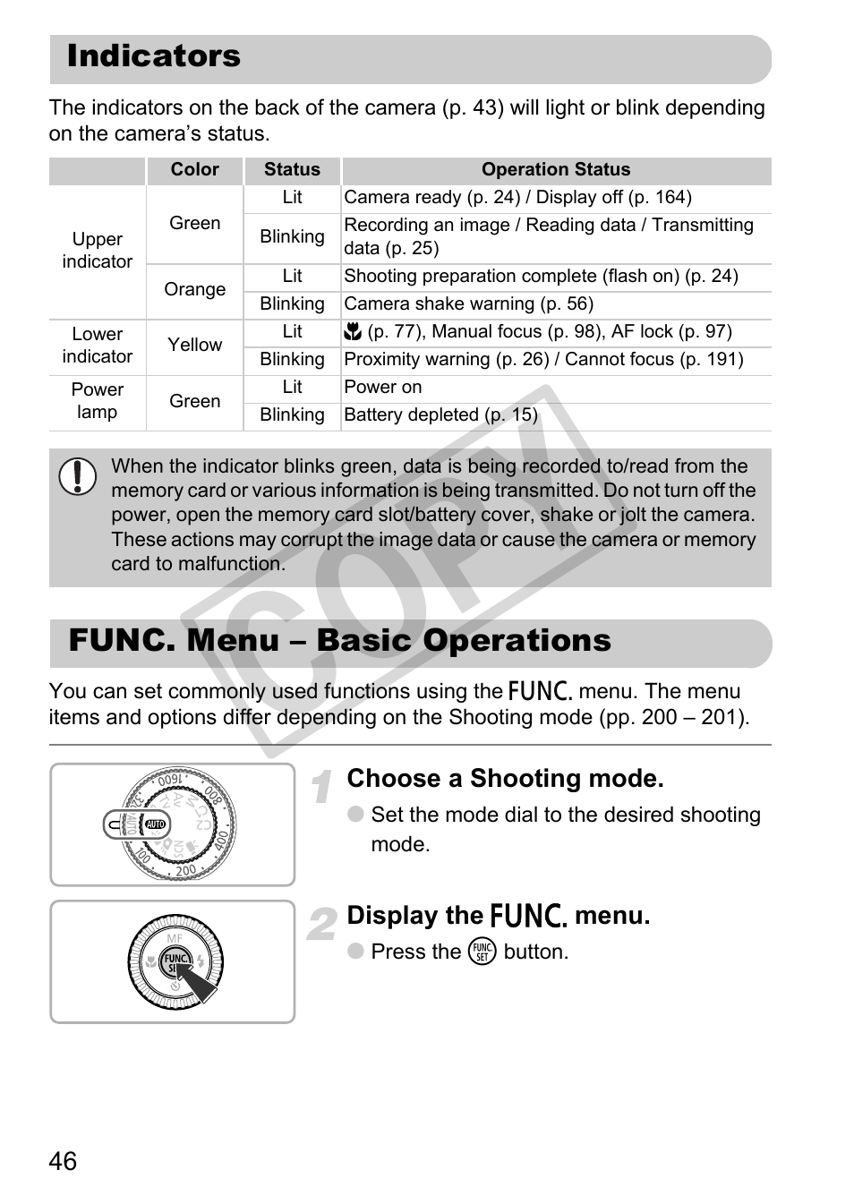 Indicators func. menu – basic operations, Cop y | Canon PowerShot G12 User Manual | Page 46 / 214