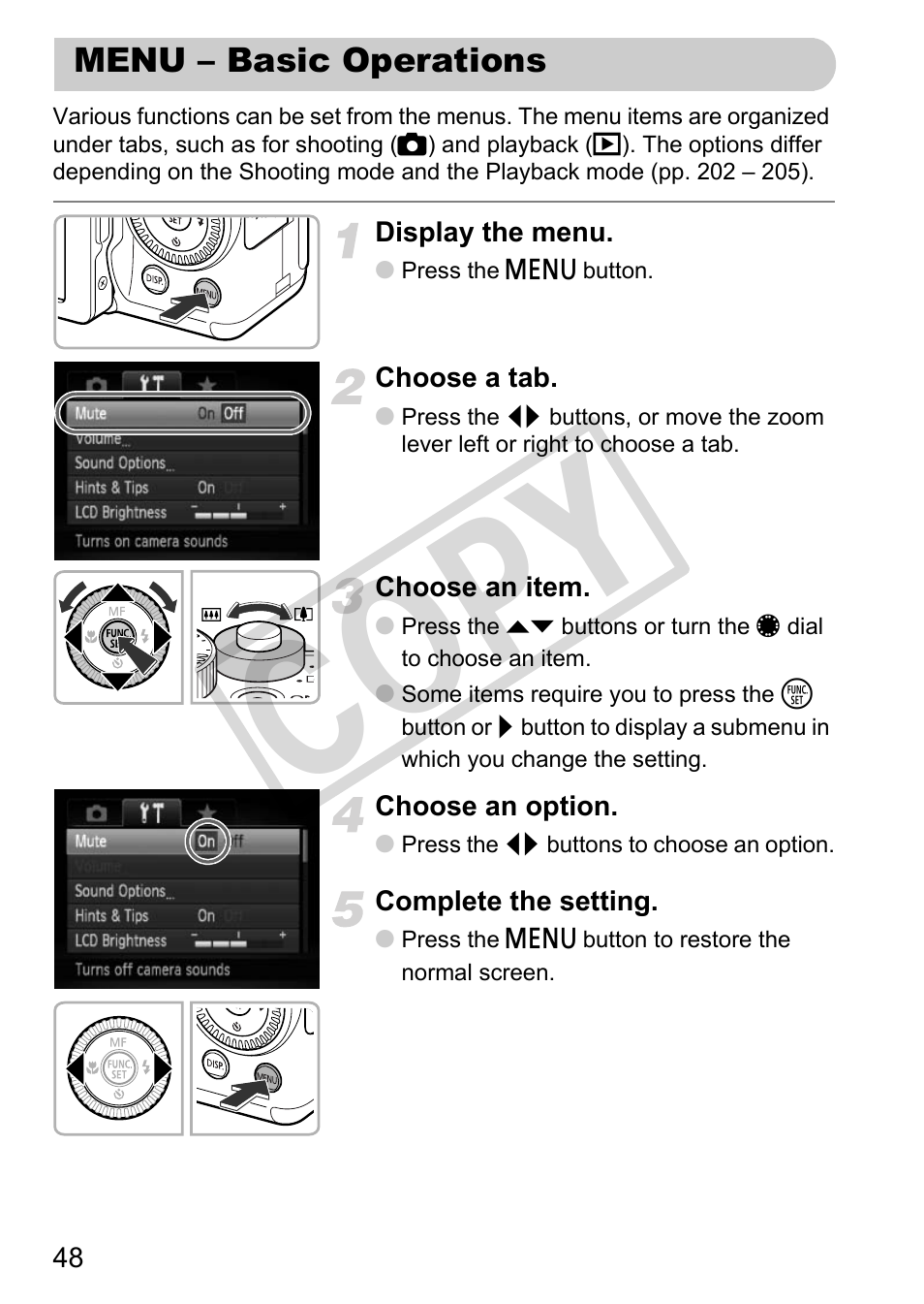 Menu – basic operations, Cop y | Canon PowerShot G12 User Manual | Page 48 / 214