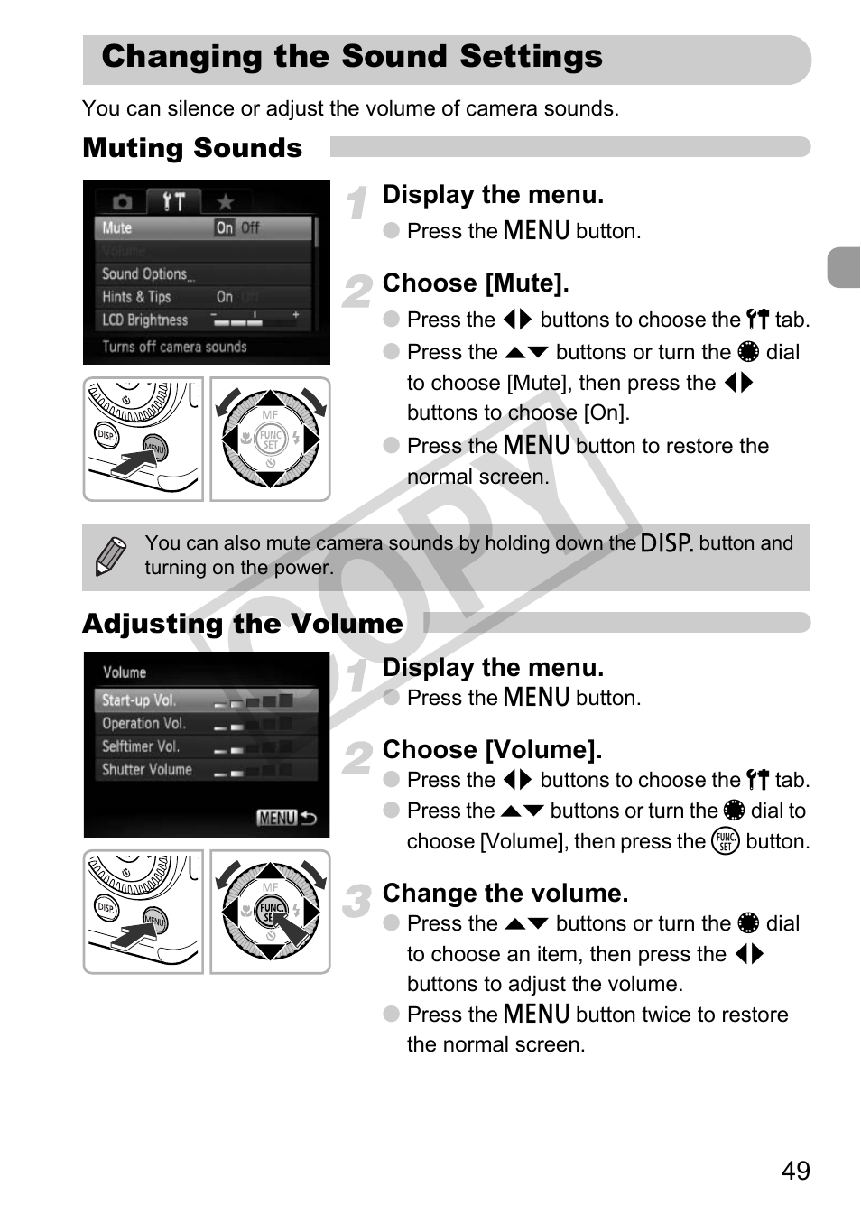 Changing the sound settings, Cop y | Canon PowerShot G12 User Manual | Page 49 / 214