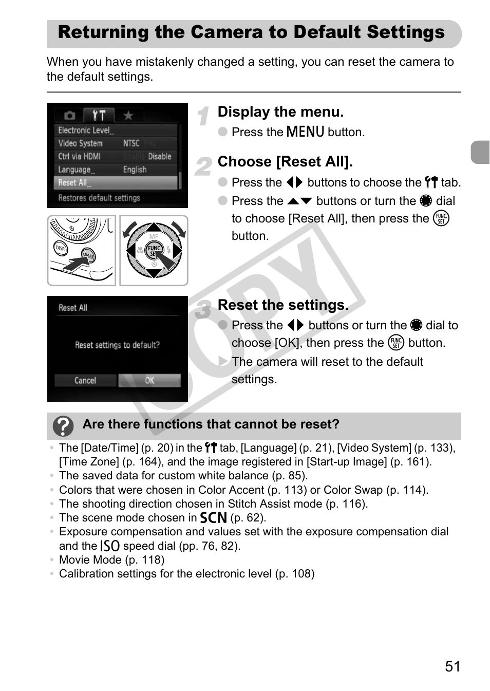 Returning the camera to default settings, Cop y | Canon PowerShot G12 User Manual | Page 51 / 214