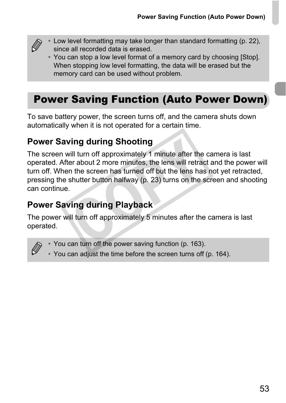 Power saving function (auto power down), Cop y | Canon PowerShot G12 User Manual | Page 53 / 214