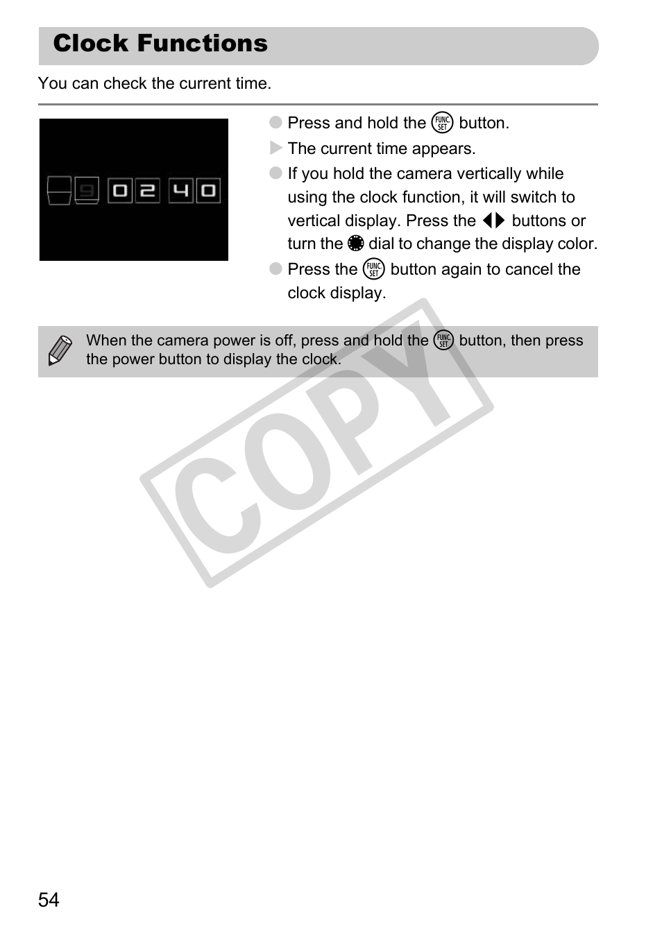 Clock functions, Cop y | Canon PowerShot G12 User Manual | Page 54 / 214