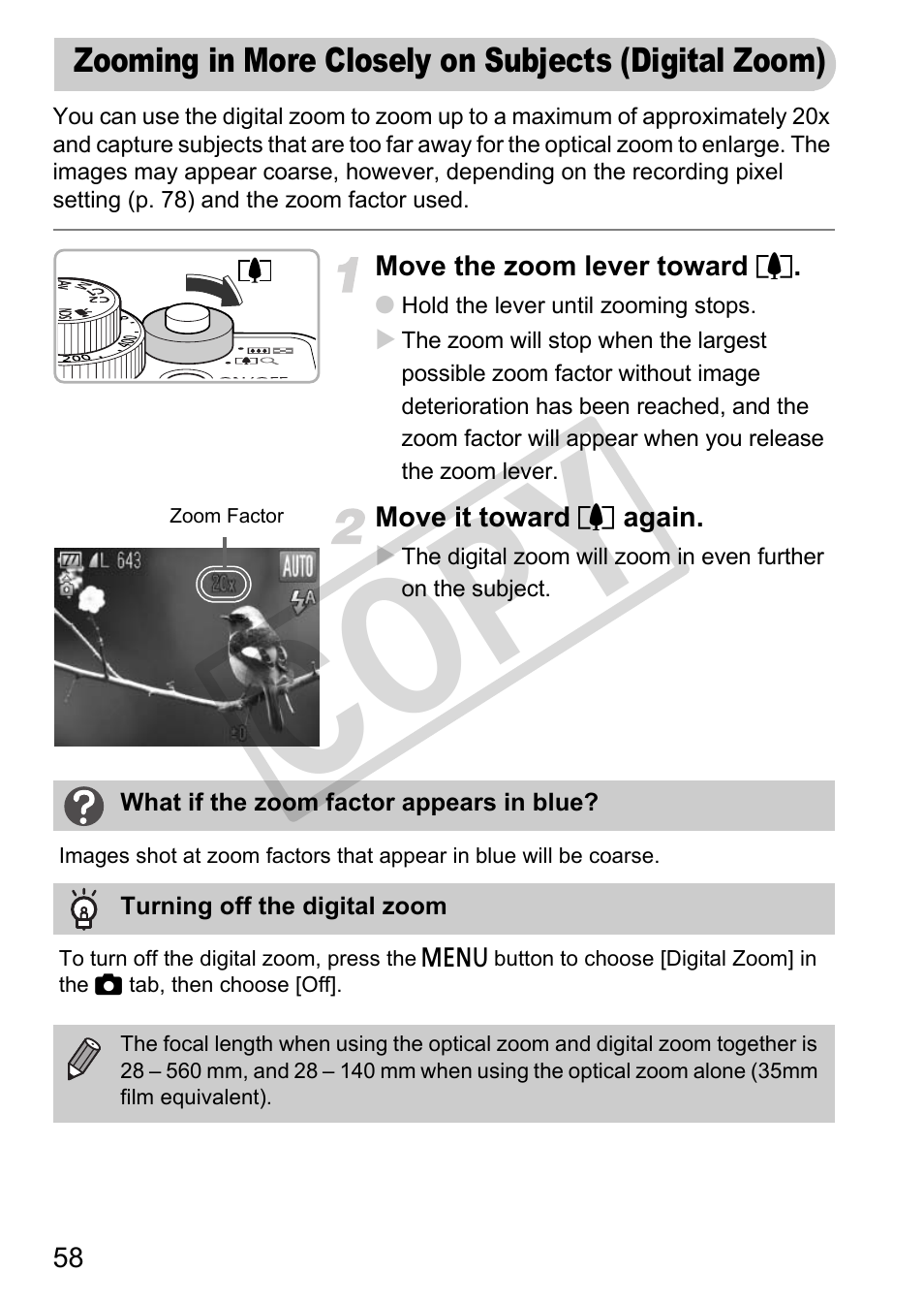 Zooming in more closely on subjects (digital zoom), Cop y | Canon PowerShot G12 User Manual | Page 58 / 214