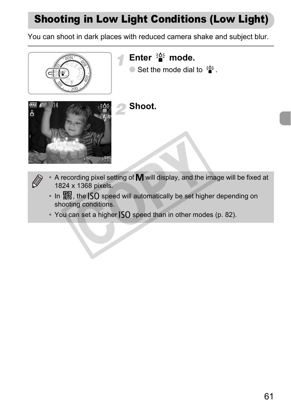 Shooting in low light conditions (low light), Cop y | Canon PowerShot G12 User Manual | Page 61 / 214
