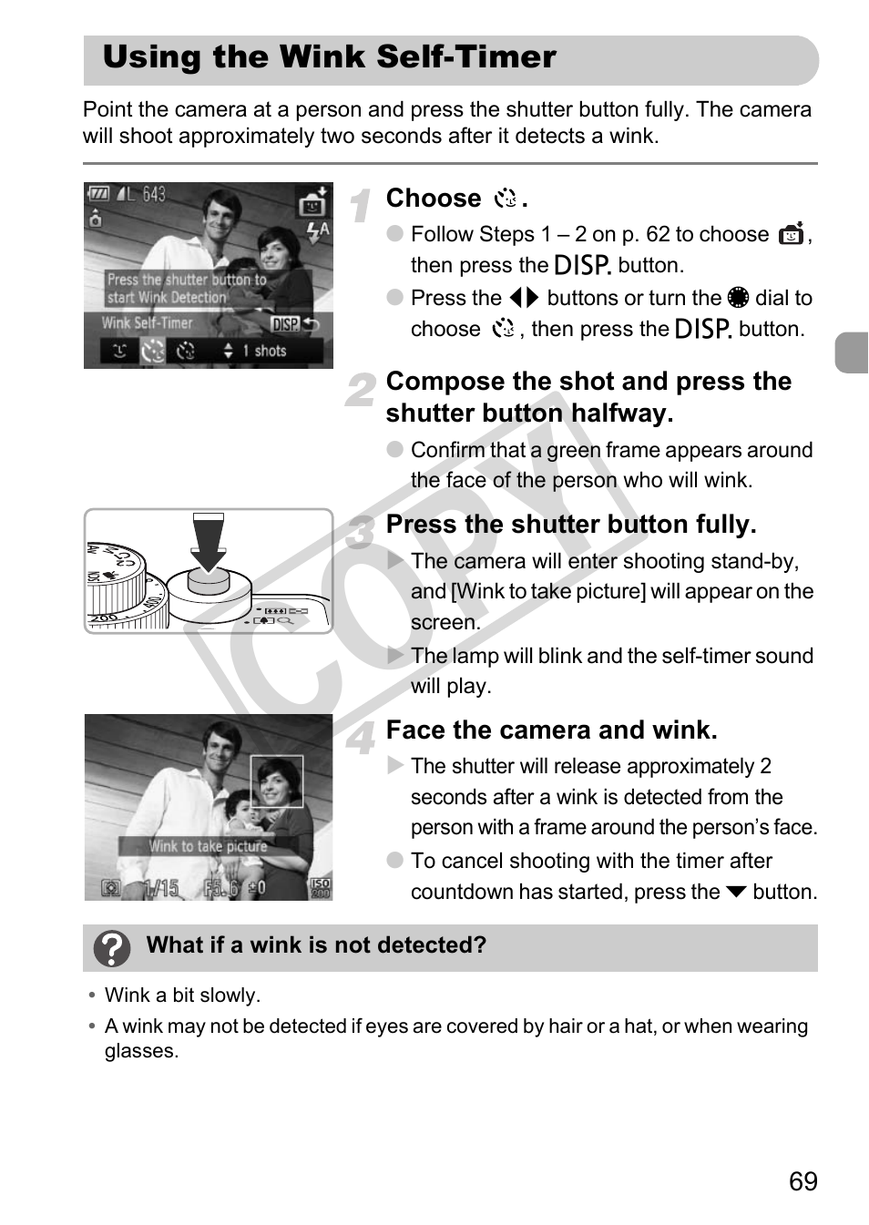 Using the wink self-timer, Cop y | Canon PowerShot G12 User Manual | Page 69 / 214