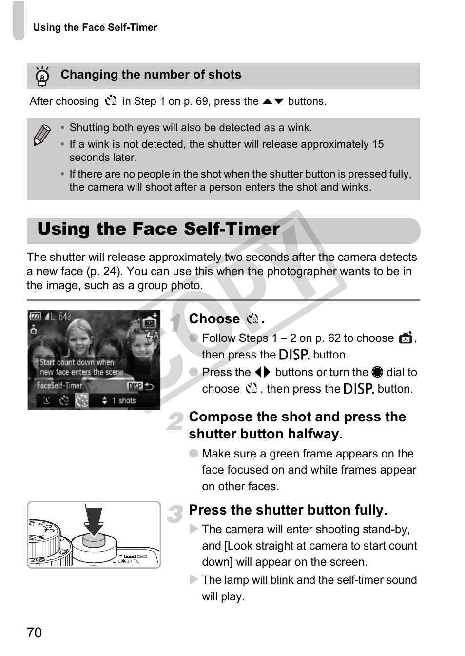Using the face self-timer, Cop y | Canon PowerShot G12 User Manual | Page 70 / 214