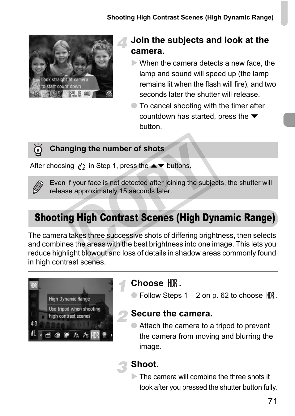 Shooting high contrast scenes (high dynamic range), Cop y | Canon PowerShot G12 User Manual | Page 71 / 214