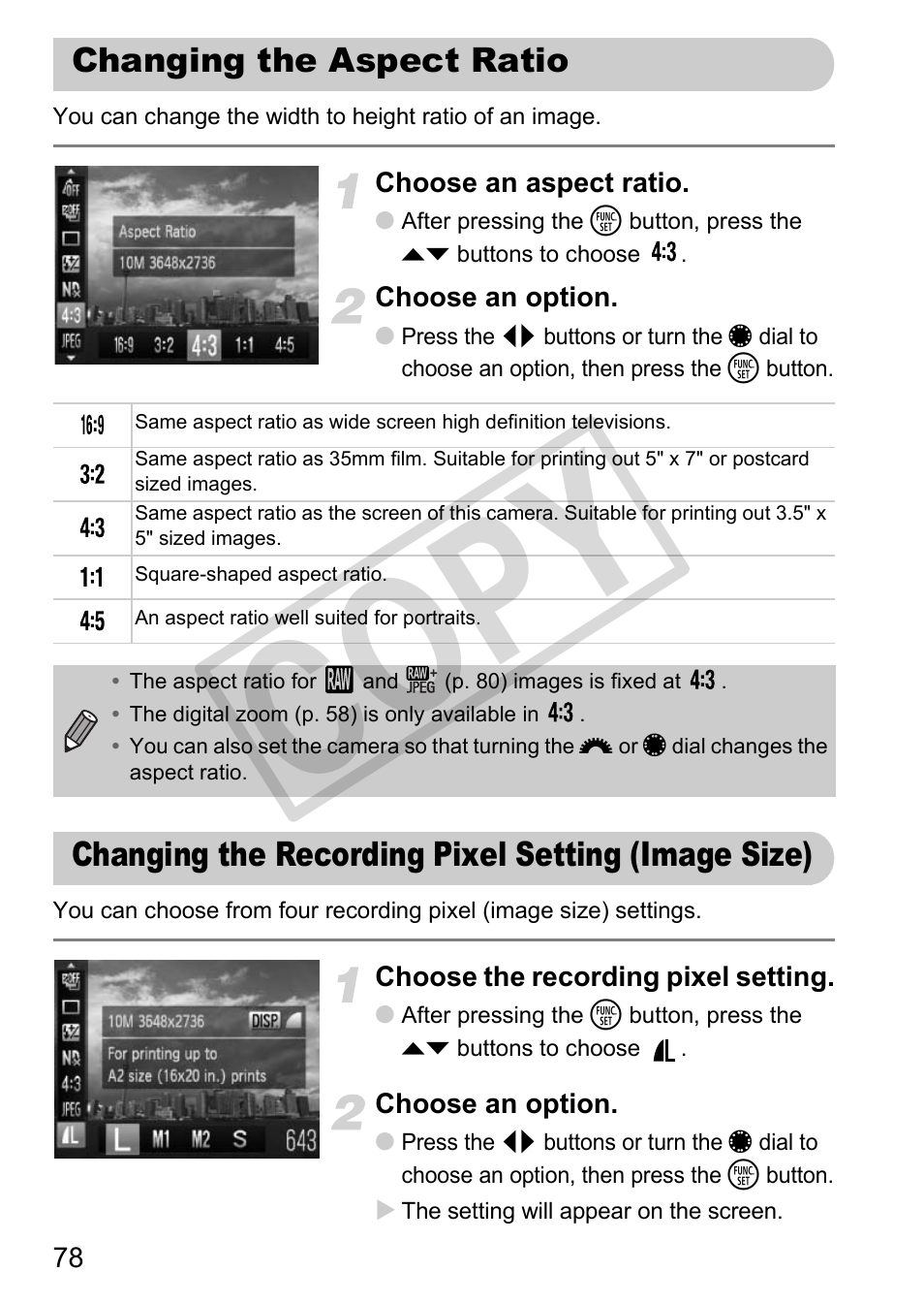 C op y, Changing the aspect ratio, Changing the recording pixel setting (image size) | Canon PowerShot G12 User Manual | Page 78 / 214