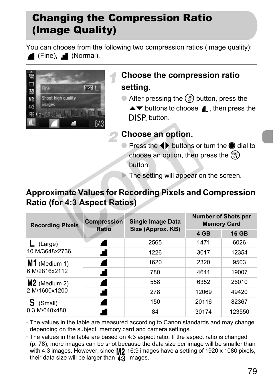 Changing the compression ratio (image quality), Cop y | Canon PowerShot G12 User Manual | Page 79 / 214