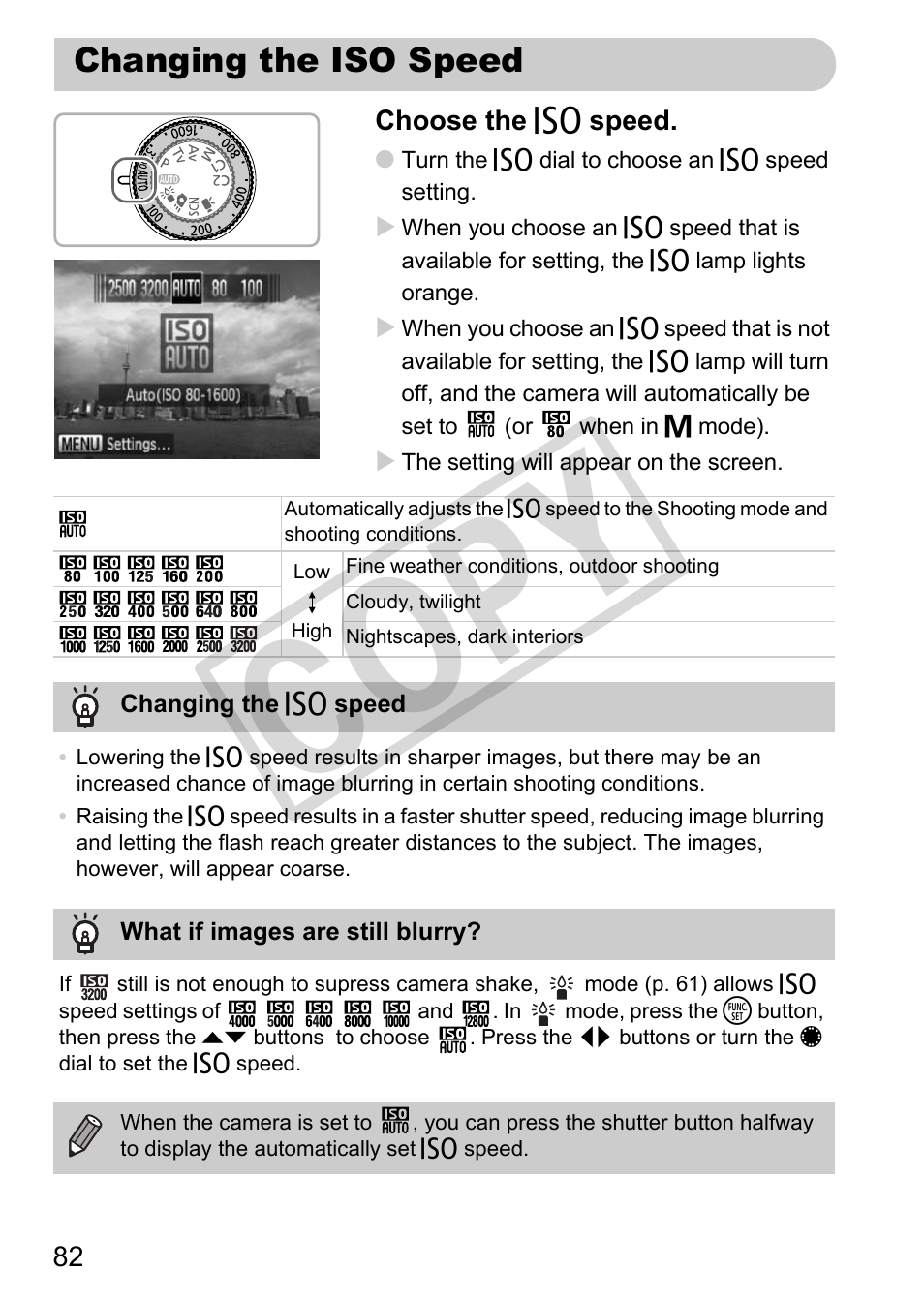 Changing the iso speed, Cop y | Canon PowerShot G12 User Manual | Page 82 / 214