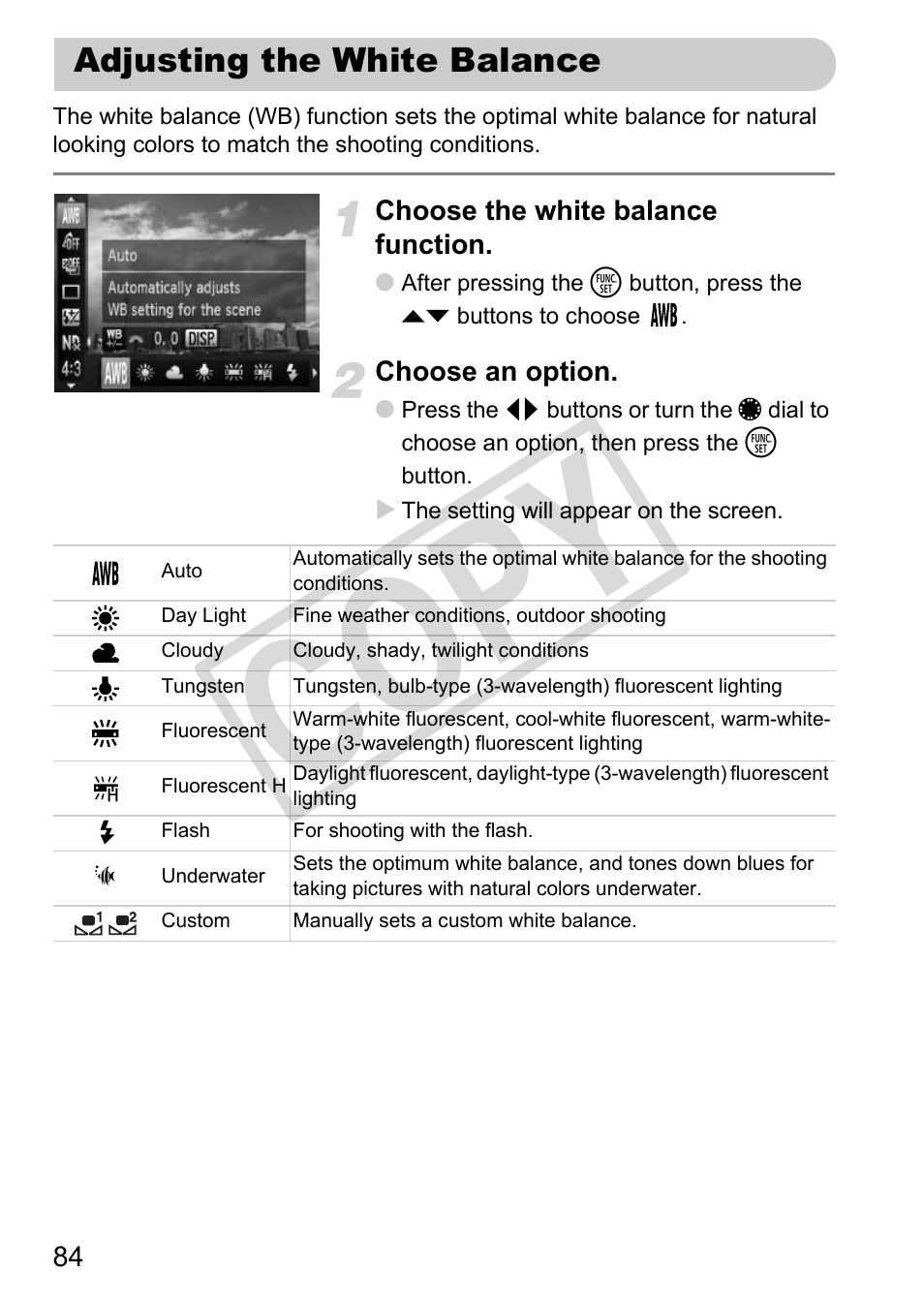 Adjusting the white balance, Cop y | Canon PowerShot G12 User Manual | Page 84 / 214