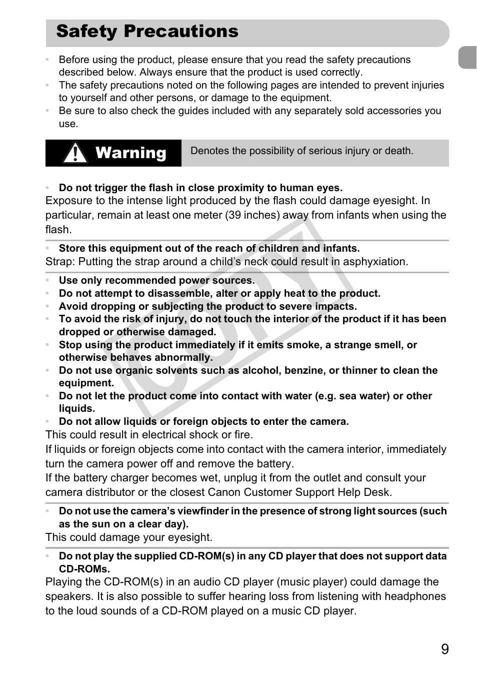 Safety precautions, Cop y | Canon PowerShot G12 User Manual | Page 9 / 214