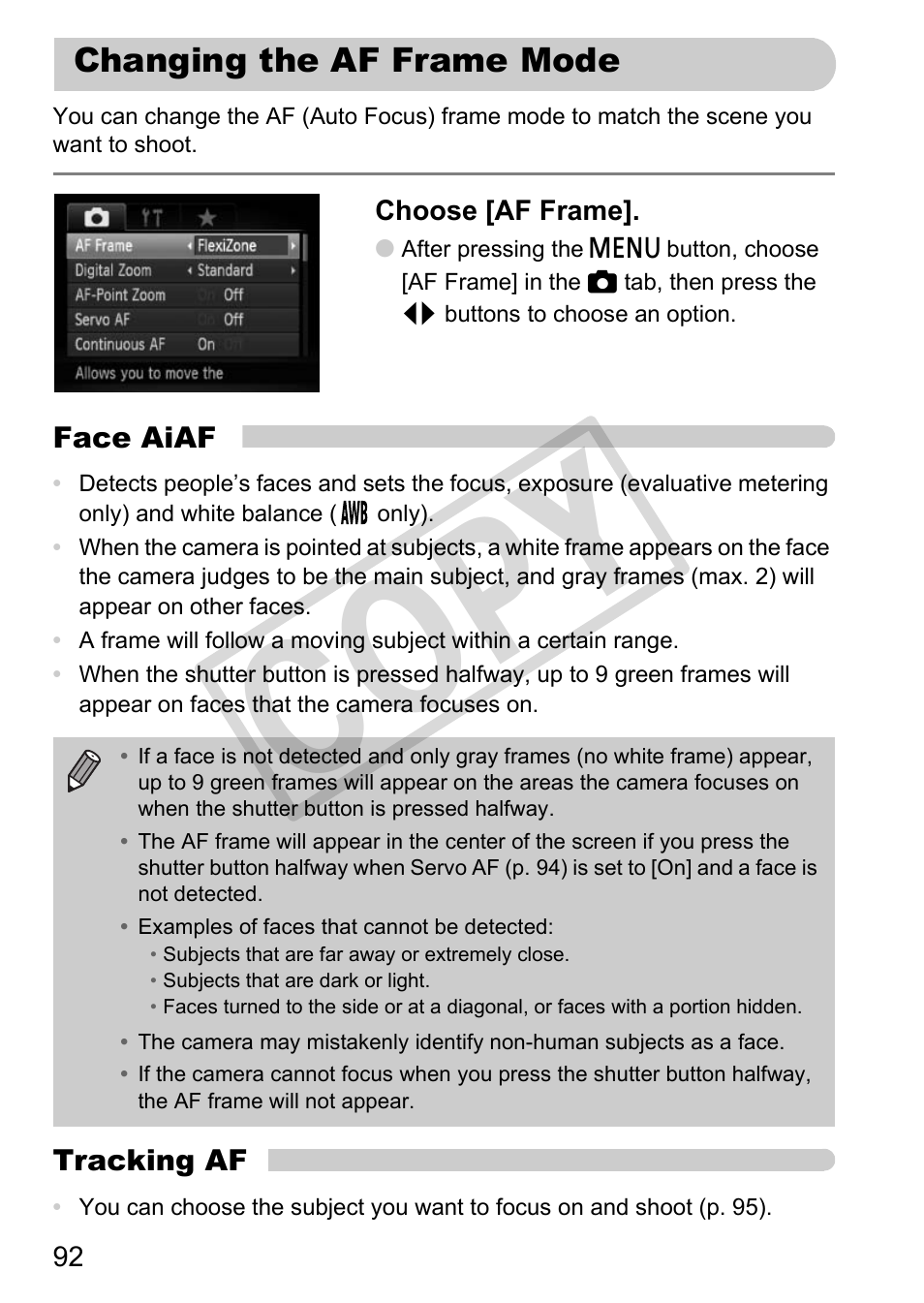 Changing the af frame mode, Cop y | Canon PowerShot G12 User Manual | Page 92 / 214