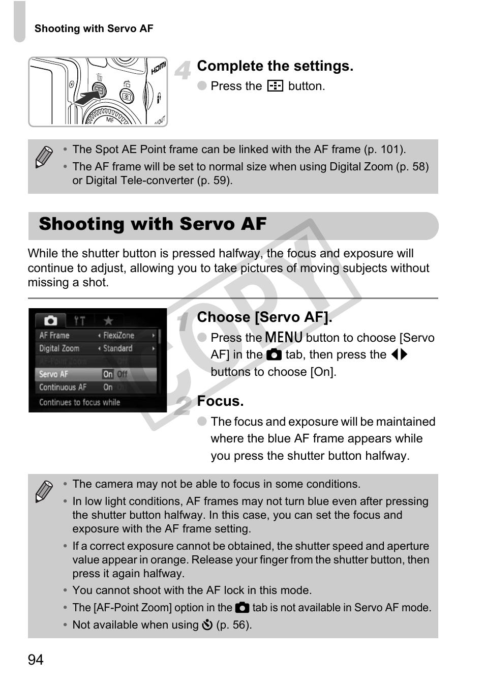 Shooting with servo af, Cop y | Canon PowerShot G12 User Manual | Page 94 / 214