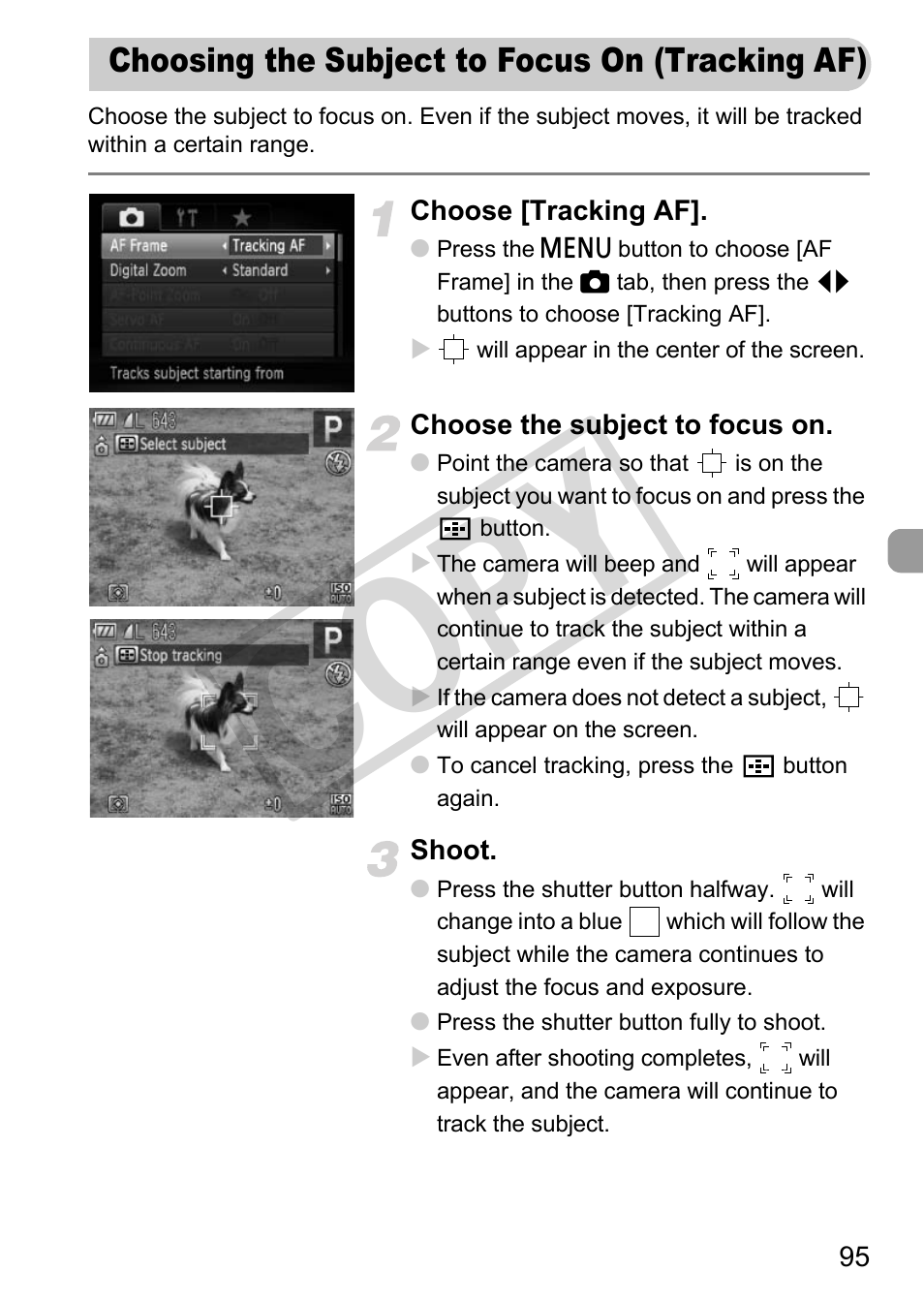 Choosing the subject to focus on (tracking af), Cop y | Canon PowerShot G12 User Manual | Page 95 / 214