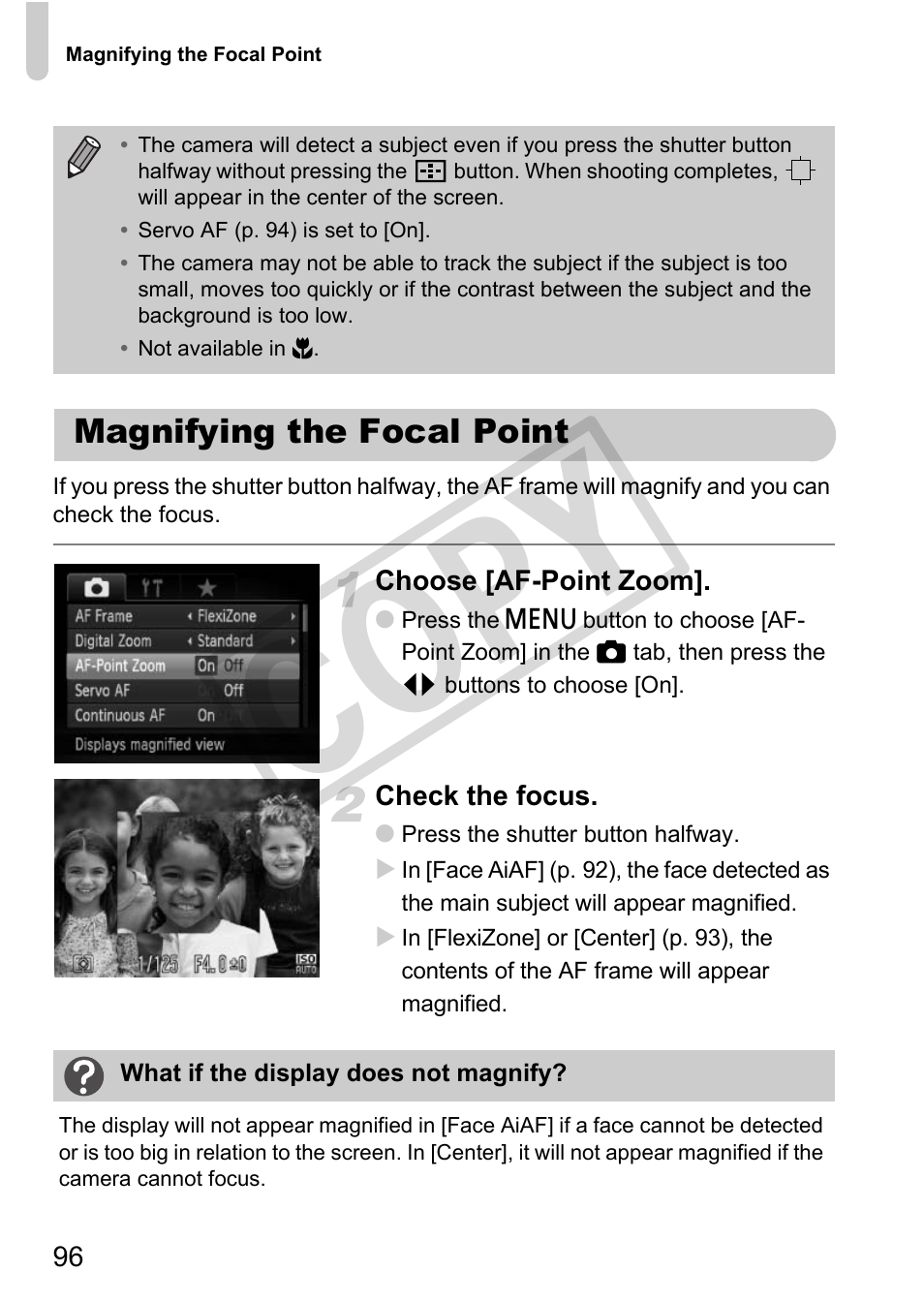 Magnifying the focal point, Cop y | Canon PowerShot G12 User Manual | Page 96 / 214