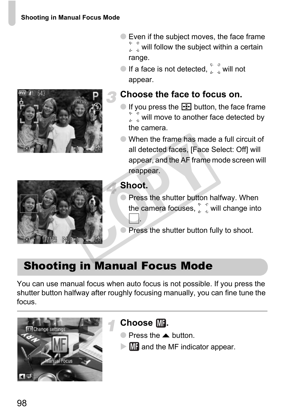 Shooting in manual focus mode, 98), af lock (p, Cop y | Canon PowerShot G12 User Manual | Page 98 / 214