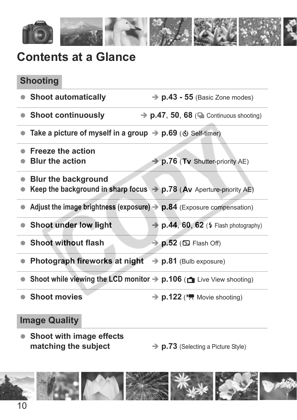 Contents at a glance, Shooting, Image quality | Canon eos rebel t1i User Manual | Page 10 / 228