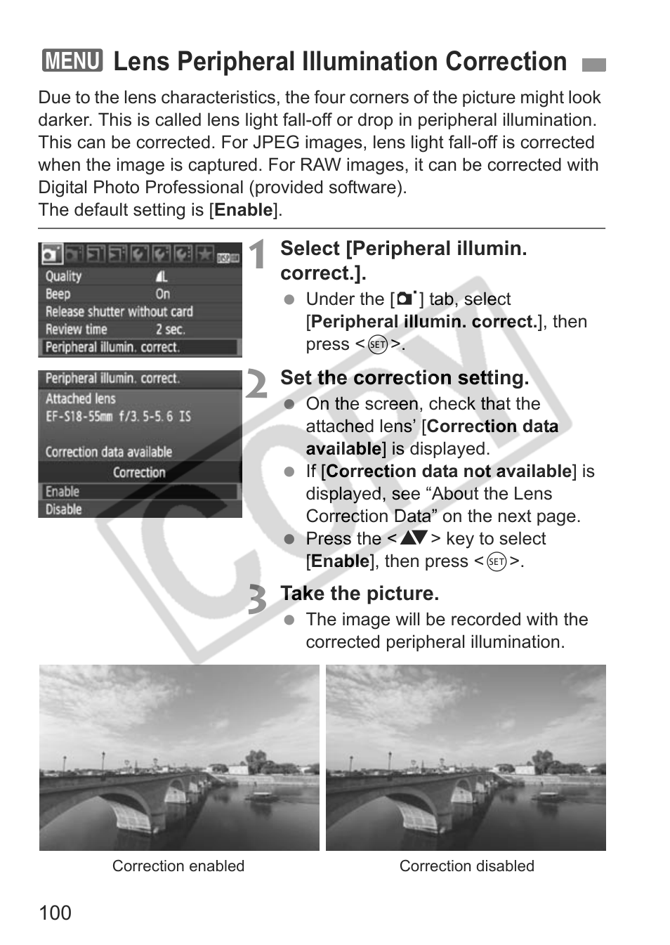 3lens peripheral illumination correction | Canon eos rebel t1i User Manual | Page 100 / 228