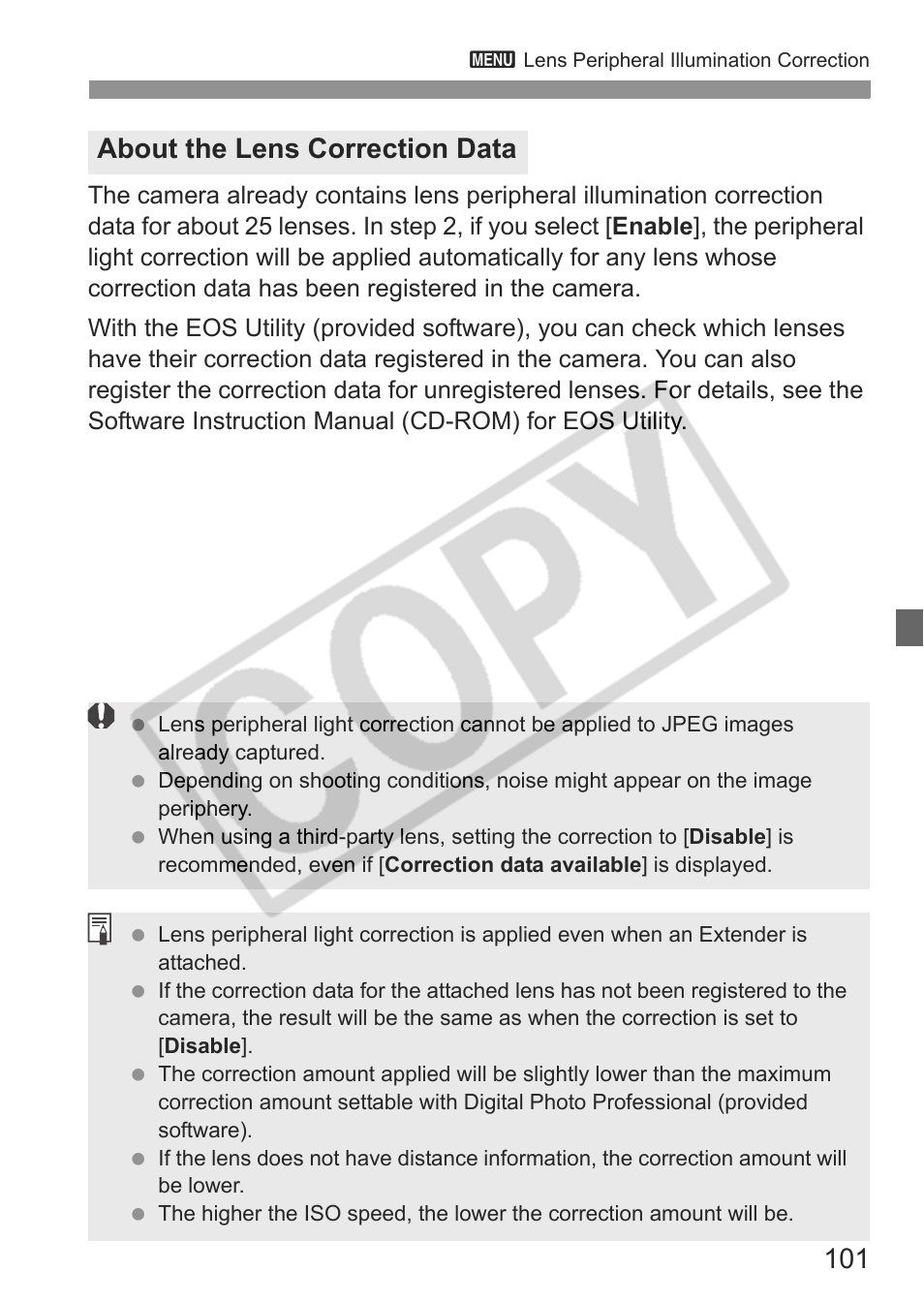 About the lens correction data | Canon eos rebel t1i User Manual | Page 101 / 228