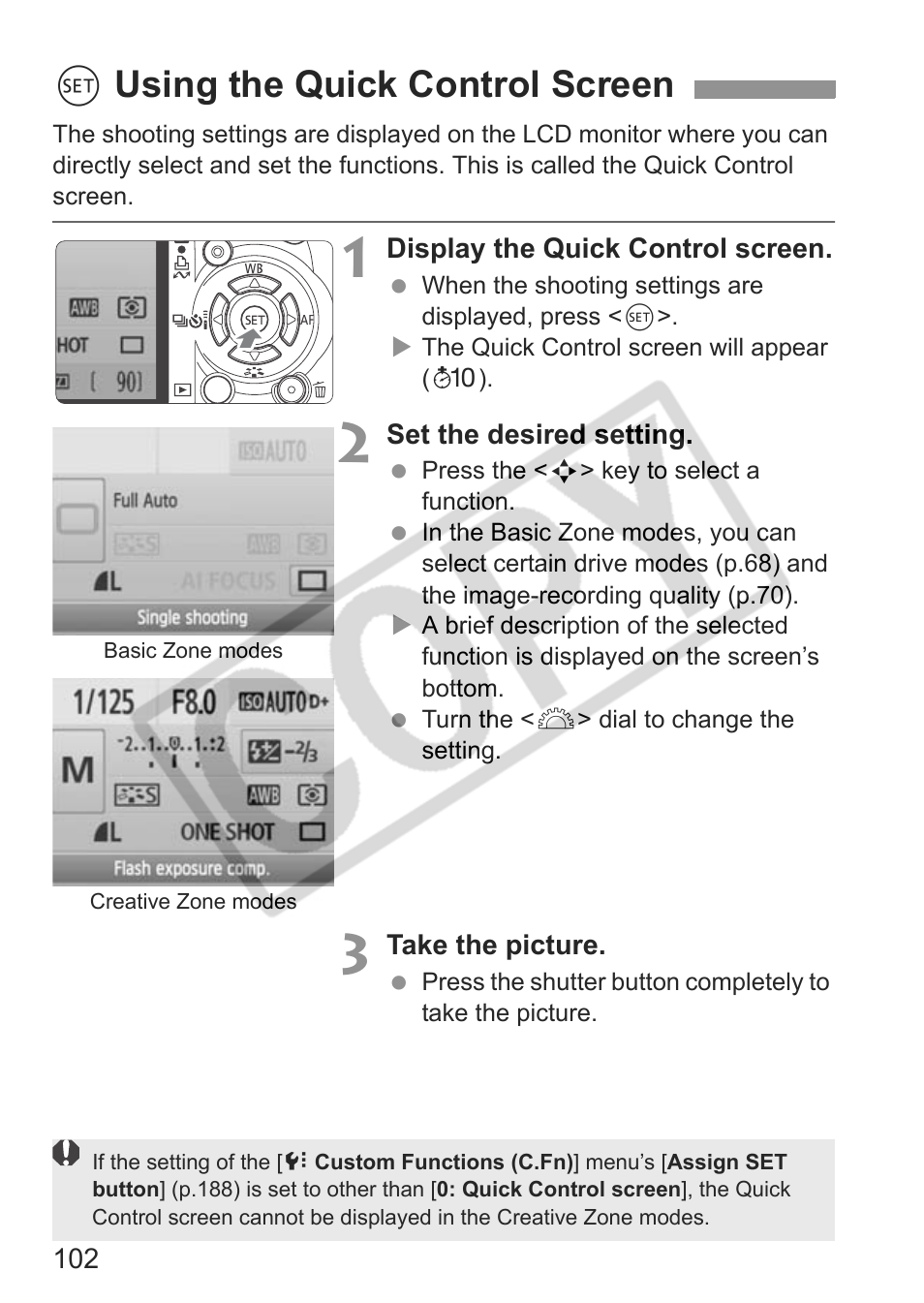 0 using the quick control screen | Canon eos rebel t1i User Manual | Page 102 / 228