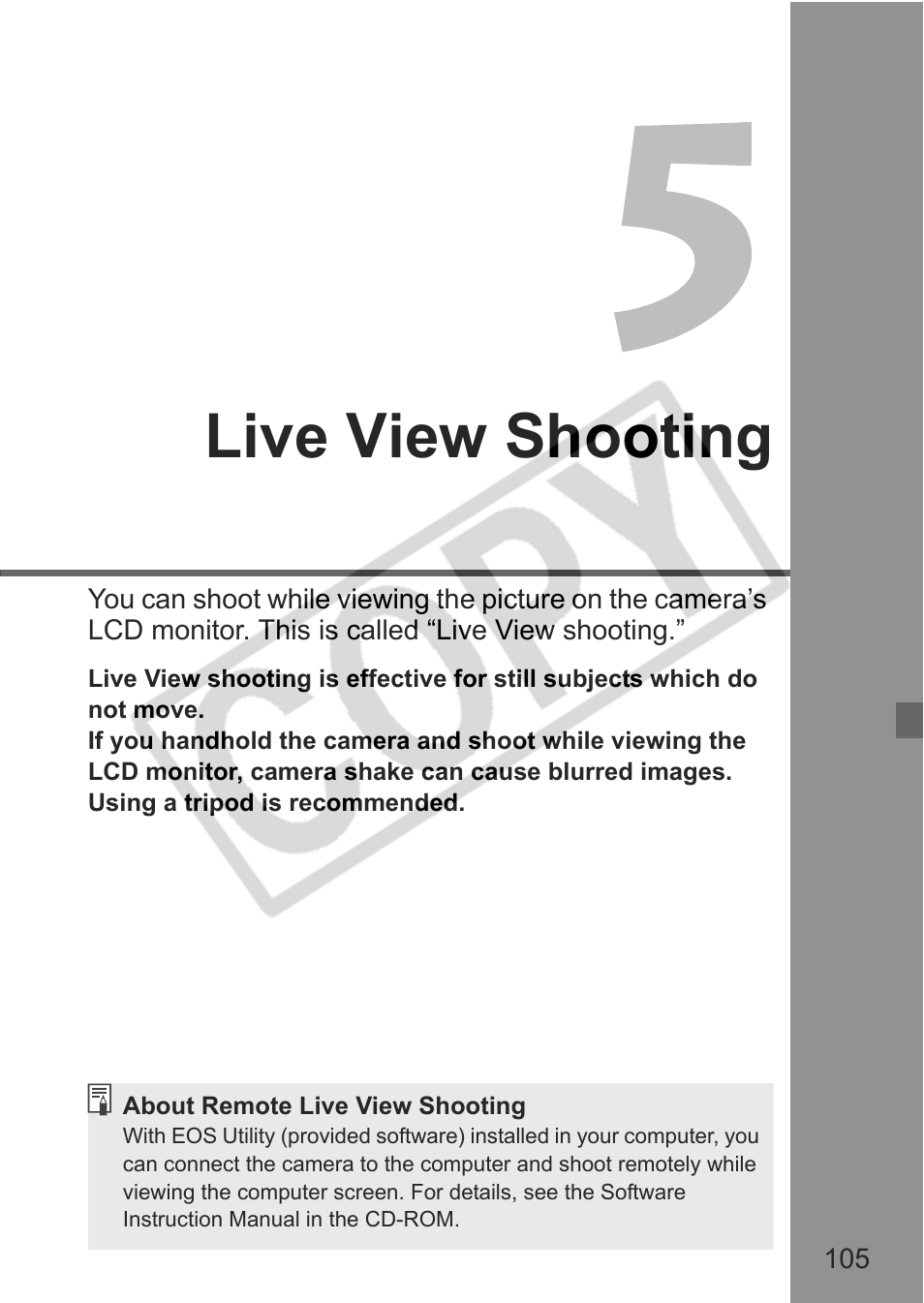 Live view shooting | Canon eos rebel t1i User Manual | Page 105 / 228