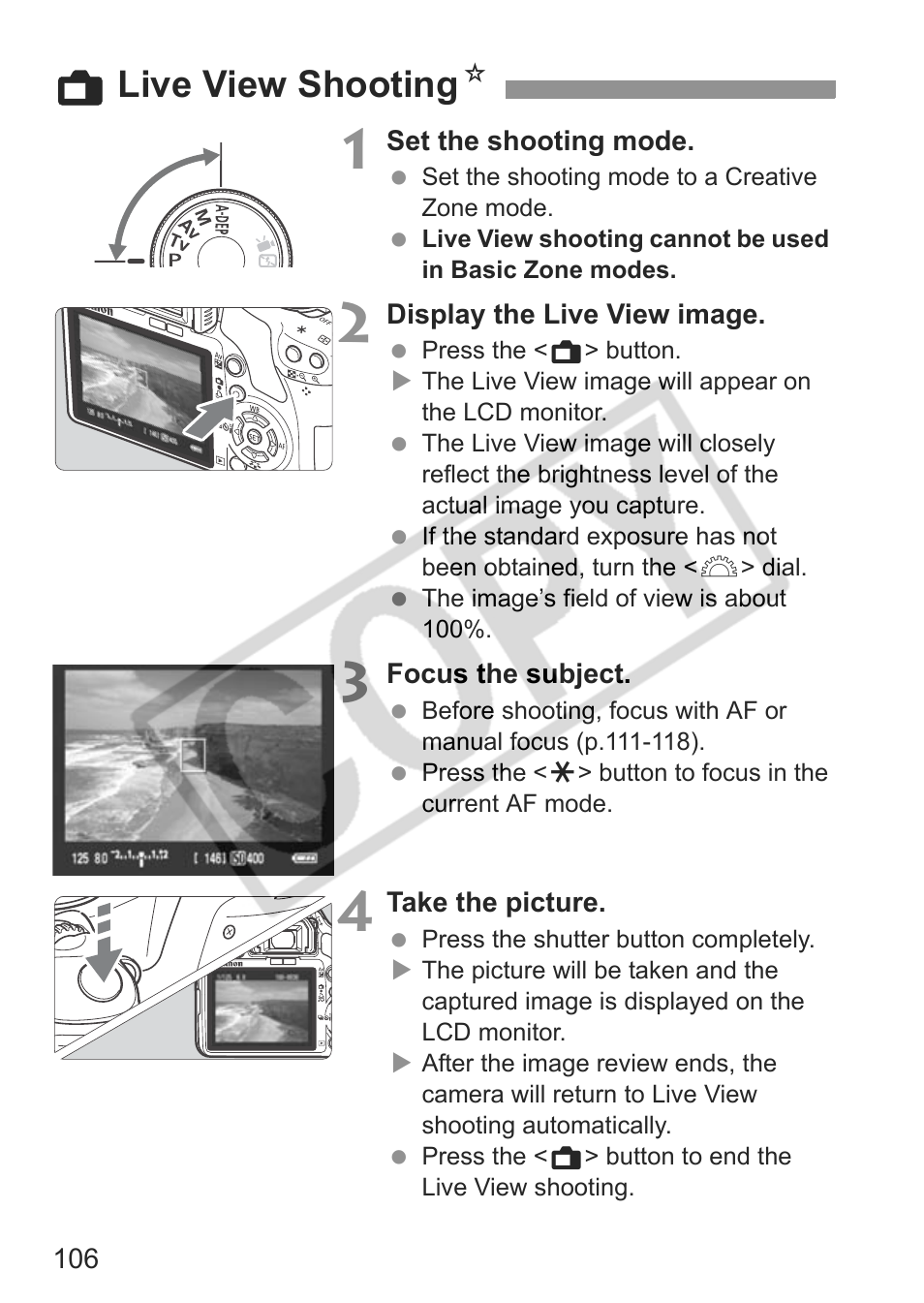 A live view shooting n | Canon eos rebel t1i User Manual | Page 106 / 228