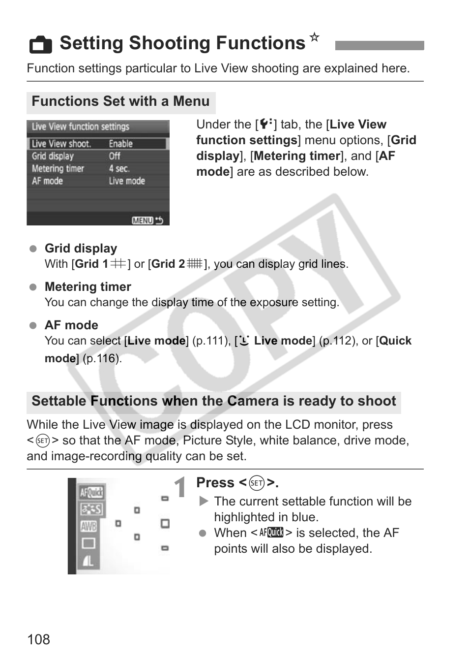 A setting shooting functions n | Canon eos rebel t1i User Manual | Page 108 / 228