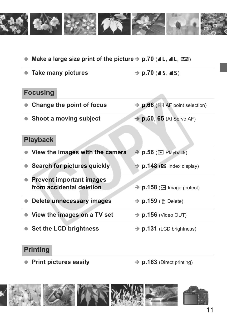 Focusing, Playback, Printing | Canon eos rebel t1i User Manual | Page 11 / 228