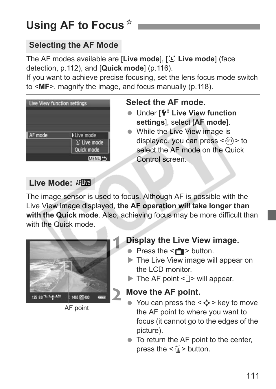 Using af to focus n | Canon eos rebel t1i User Manual | Page 111 / 228