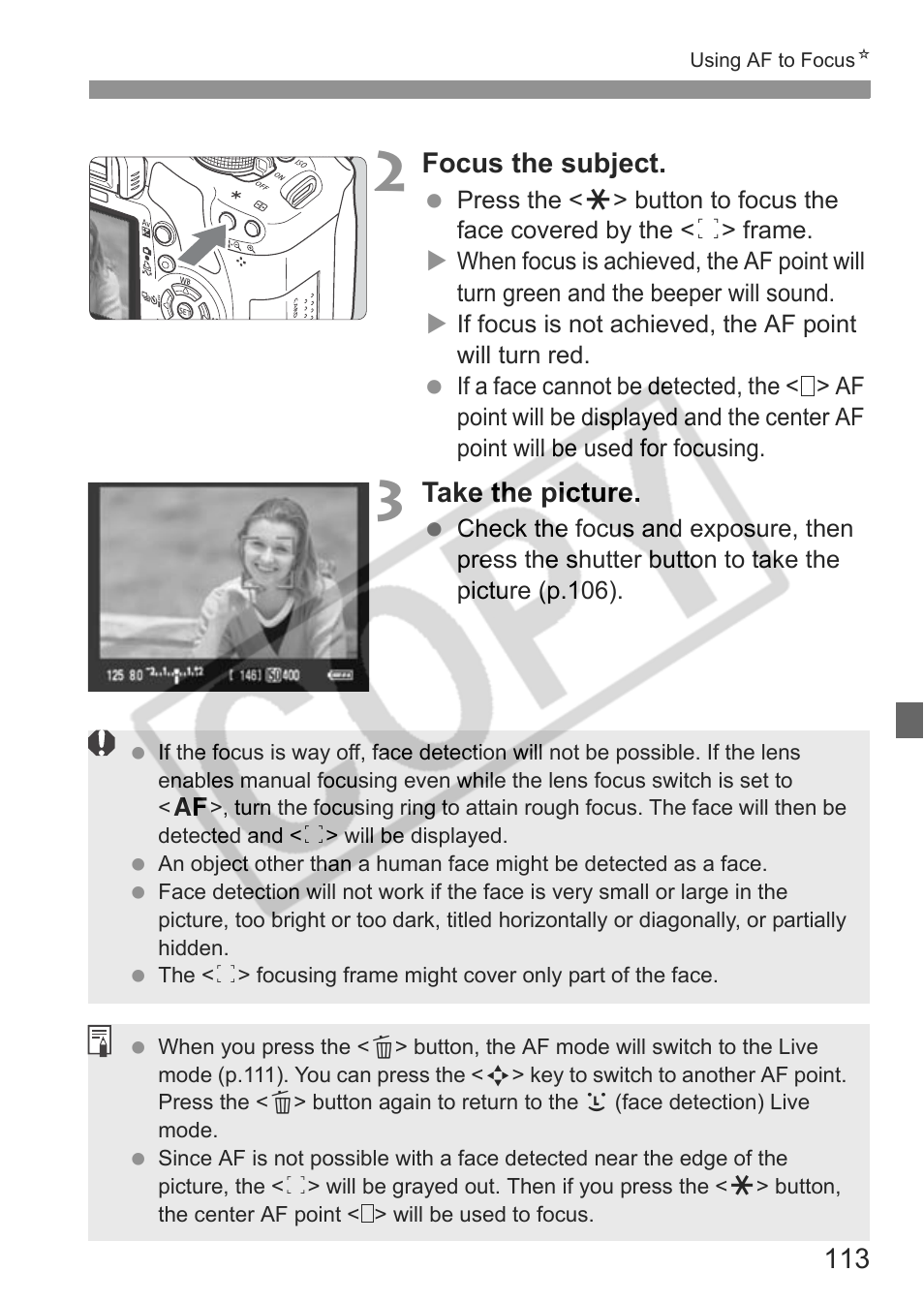 Focus the subject, Take the picture | Canon eos rebel t1i User Manual | Page 113 / 228