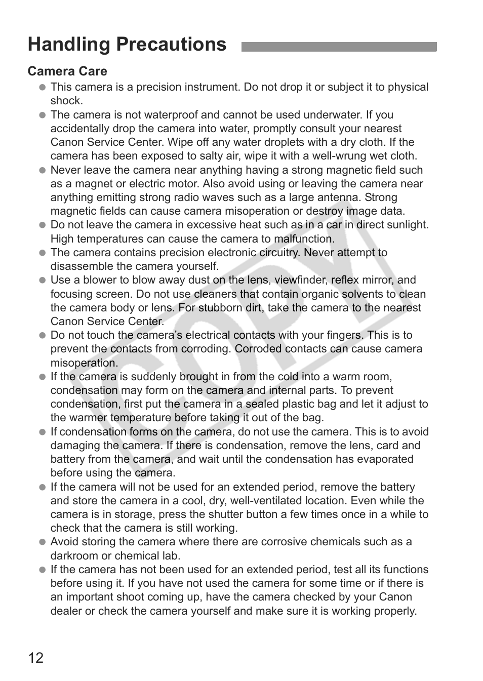 Handling precautions | Canon eos rebel t1i User Manual | Page 12 / 228