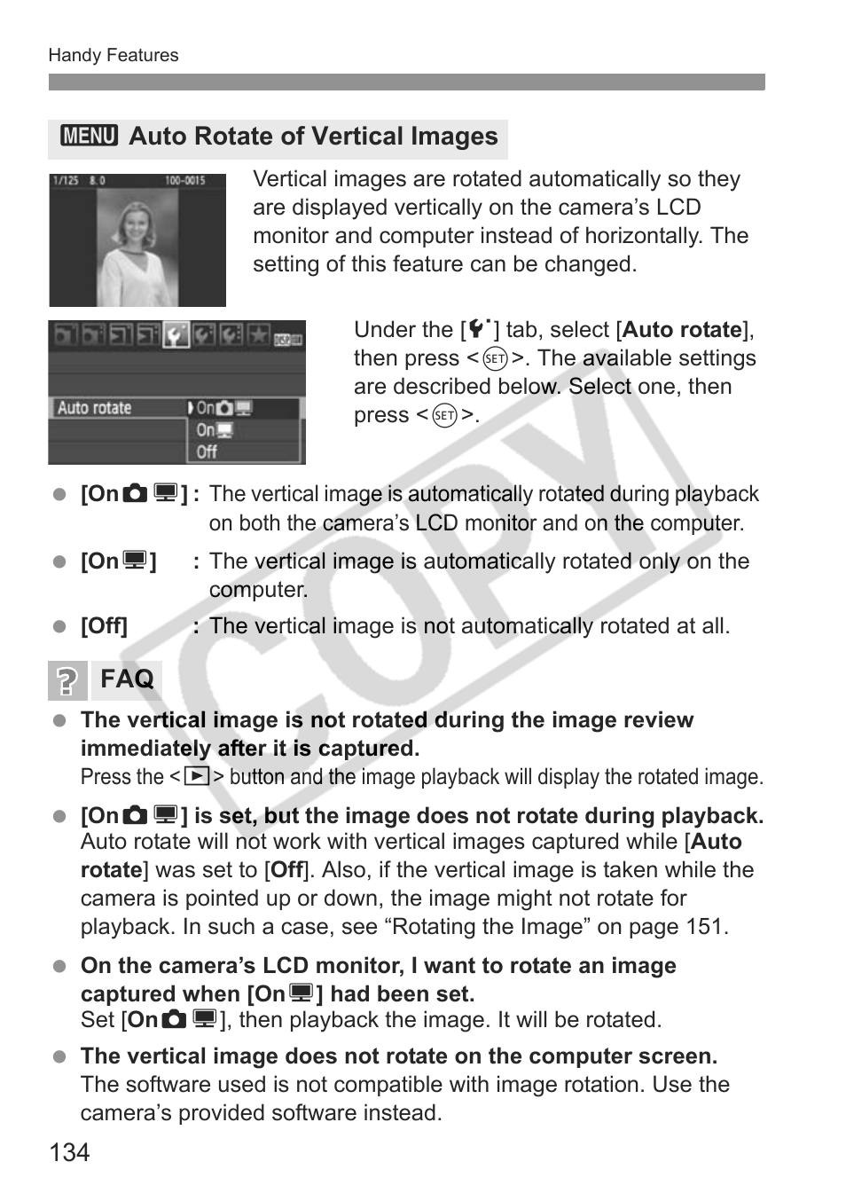 3auto rotate of vertical images faq | Canon eos rebel t1i User Manual | Page 134 / 228