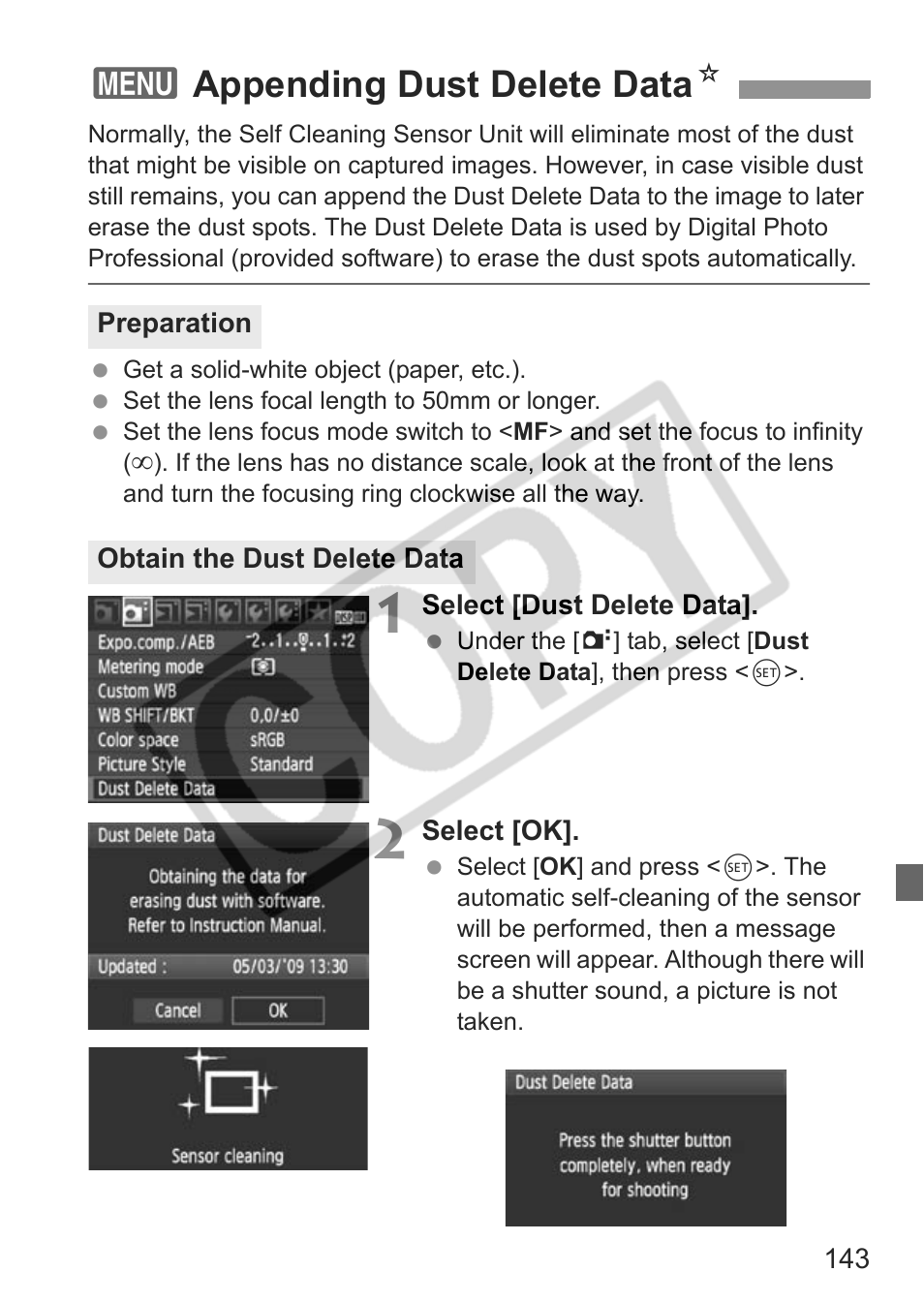 3appending dust delete data n | Canon eos rebel t1i User Manual | Page 143 / 228