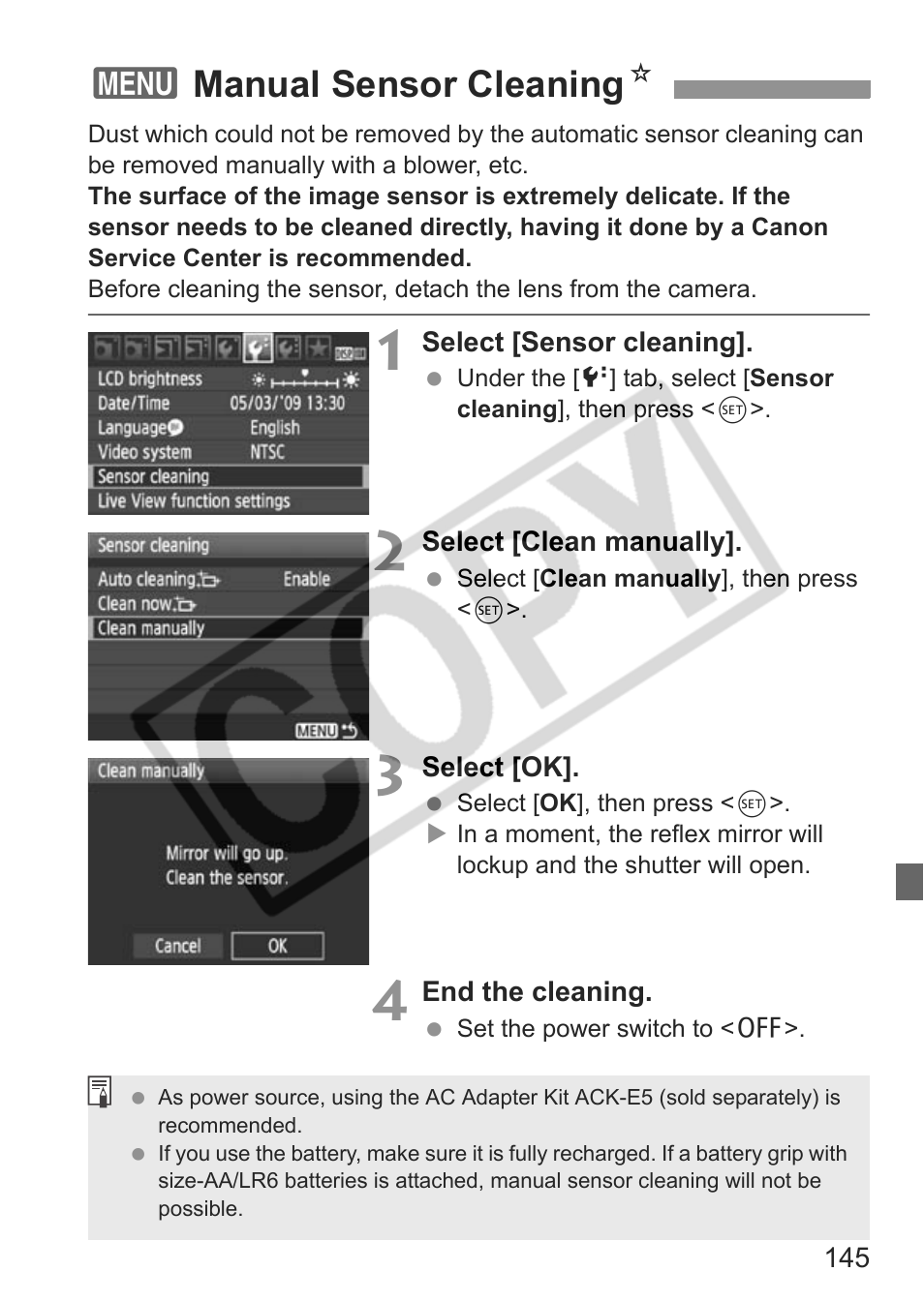 3manual sensor cleaning n | Canon eos rebel t1i User Manual | Page 145 / 228