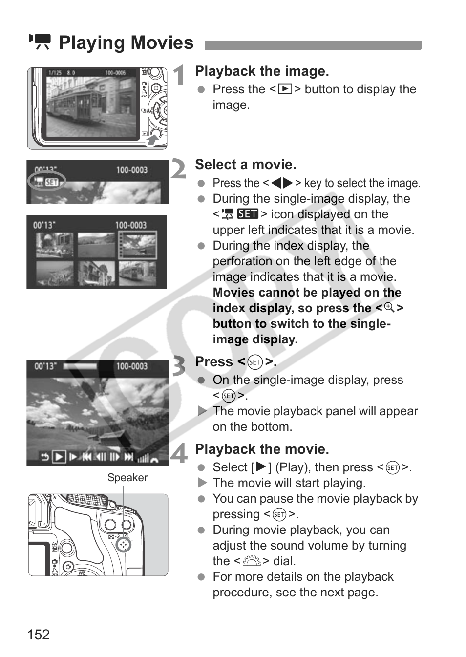 K playing movies | Canon eos rebel t1i User Manual | Page 152 / 228