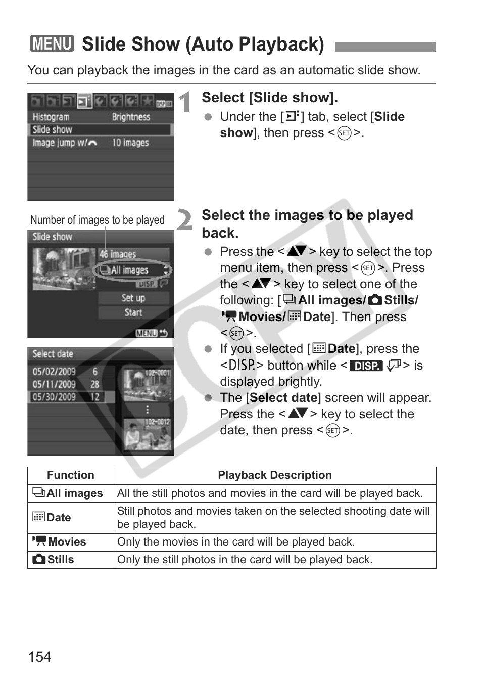 3slide show (auto playback) | Canon eos rebel t1i User Manual | Page 154 / 228