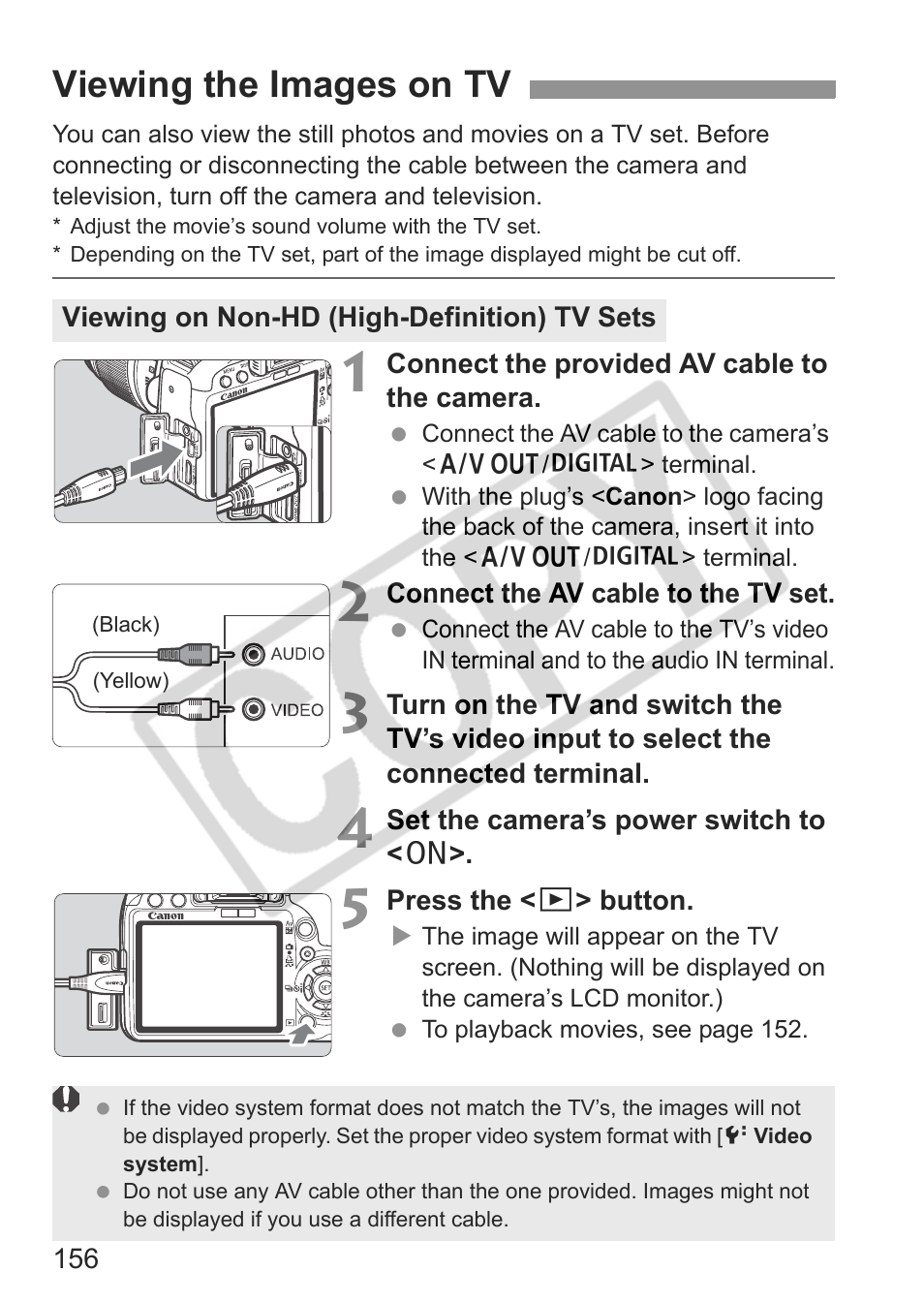 Viewing the images on tv | Canon eos rebel t1i User Manual | Page 156 / 228