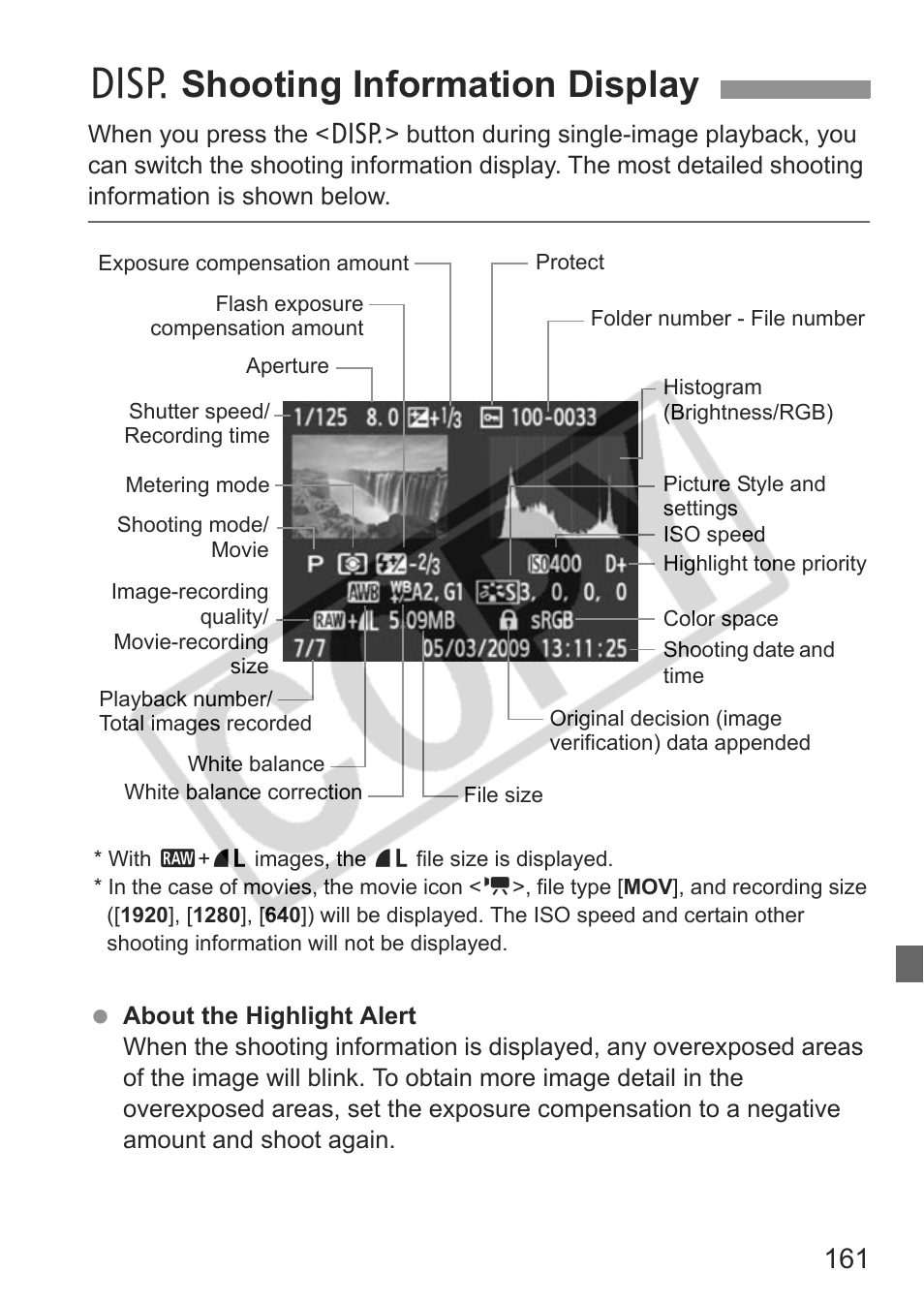 B shooting information display | Canon eos rebel t1i User Manual | Page 161 / 228